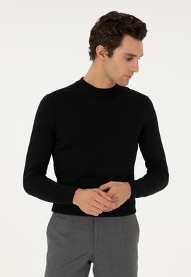 Siyah Slim Fit Yün Karışımlı Çeyrek Balıkçı Yaka Basic Triko Kazak