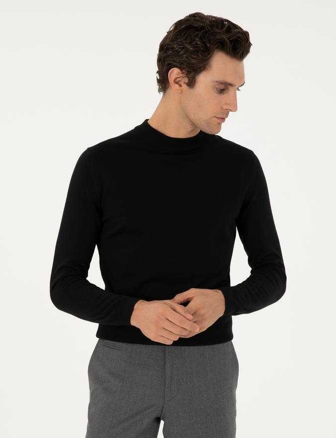 Siyah Slim Fit Yün Karışımlı Çeyrek Balıkçı Yaka Basic Triko Kazak