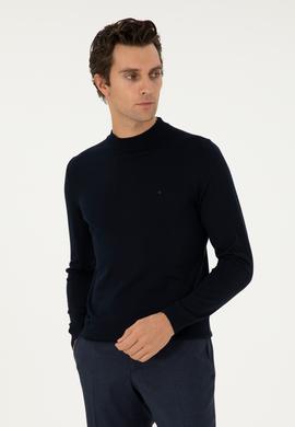 Lacivert Slim Fit Yün Karışımlı Çeyrek Balıkçı Yaka Basic Triko Kazak