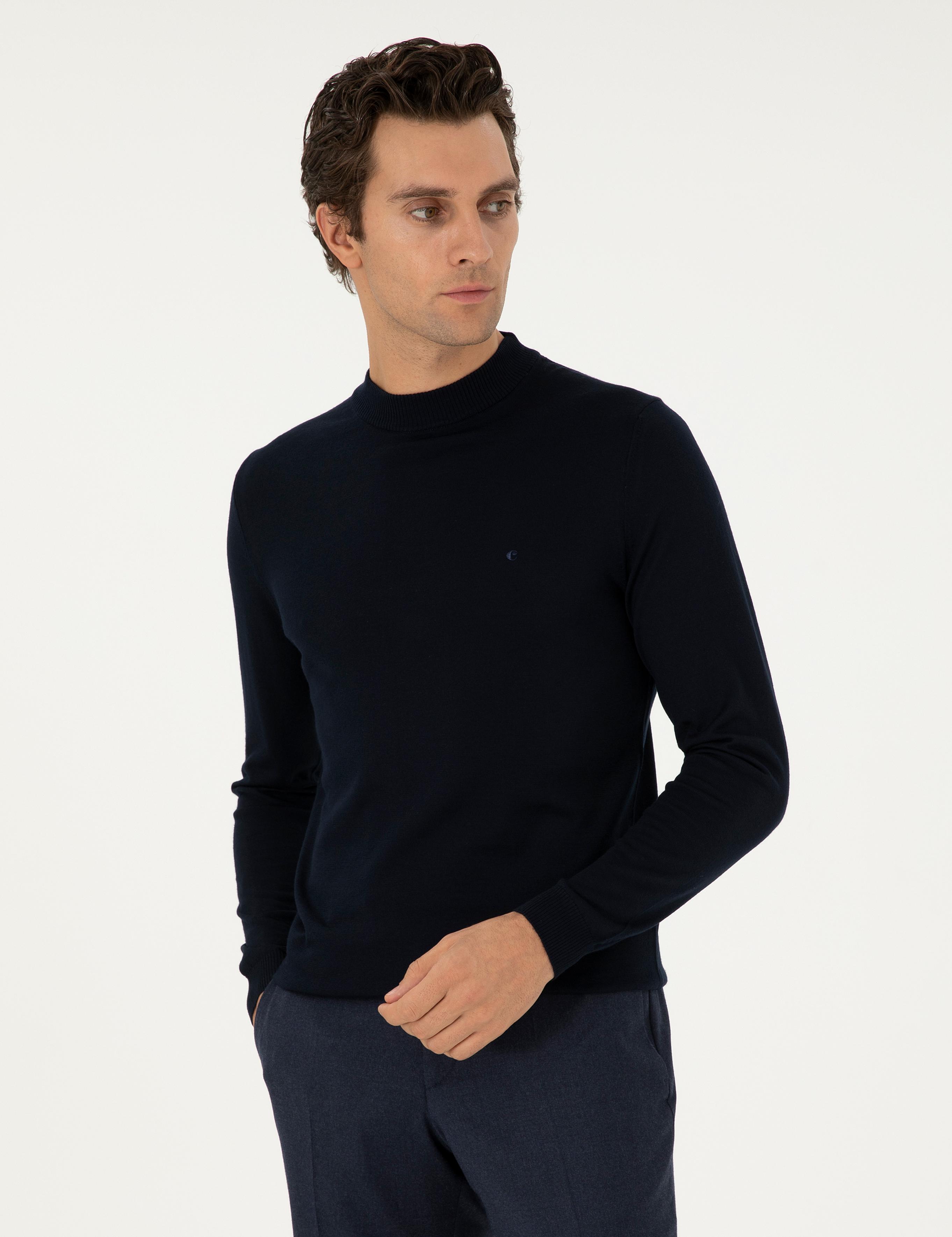 Lacivert Slim Fit Yün Karışımlı Çeyrek Balıkçı Yaka Basic Triko Kazak - 50296402044