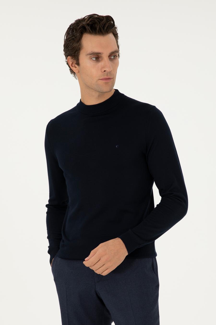 Lacivert Slim Fit Yün Karışımlı Çeyrek Balıkçı Yaka Basic Triko Kazak - 50296402044