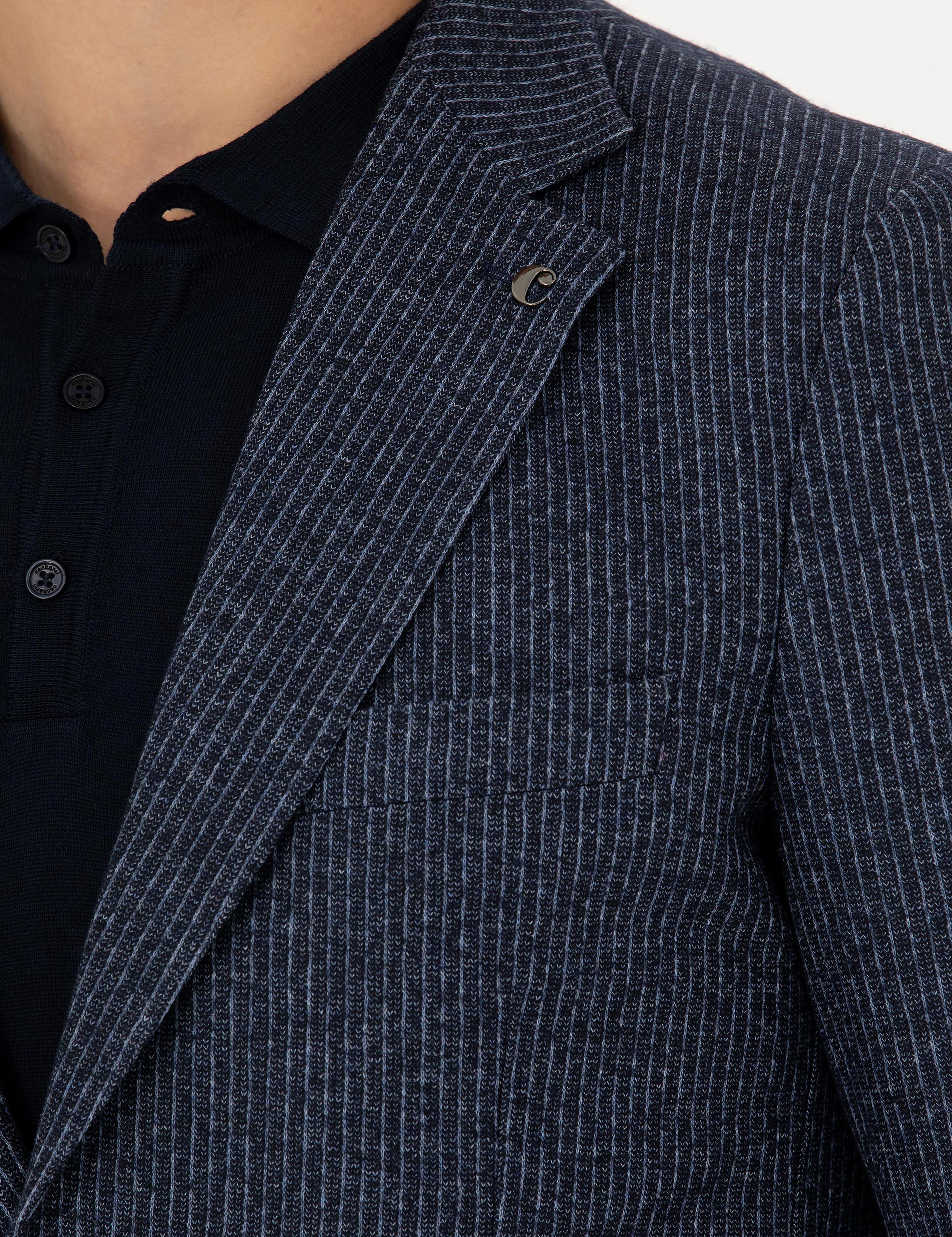 Lacivert Ekstra Slim Fit Yün Kaşmir Karışımlı Çizgili Ceket - 50272673008