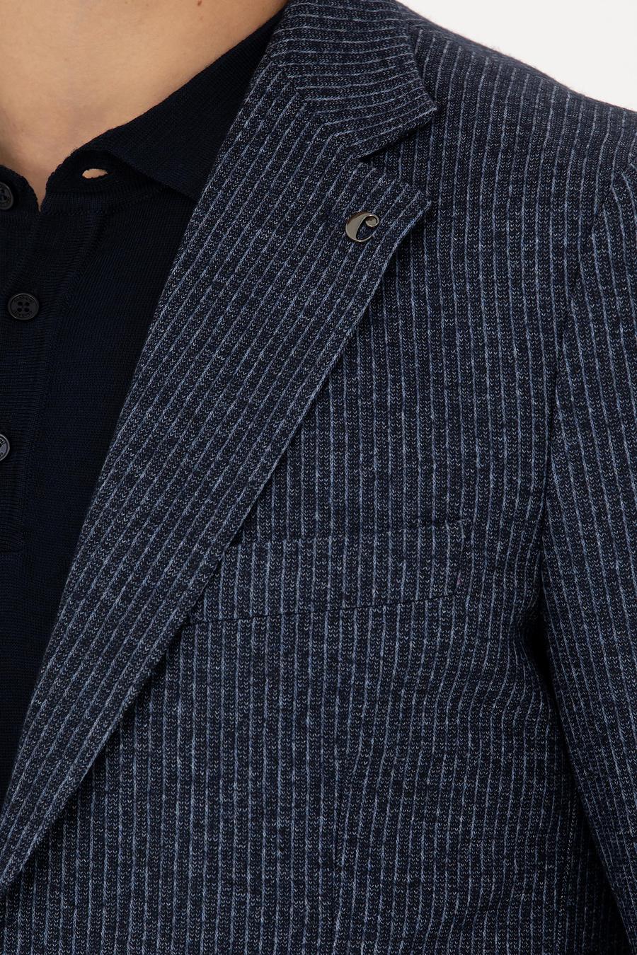 Lacivert Ekstra Slim Fit Yün Kaşmir Karışımlı Çizgili Ceket - 50272673008