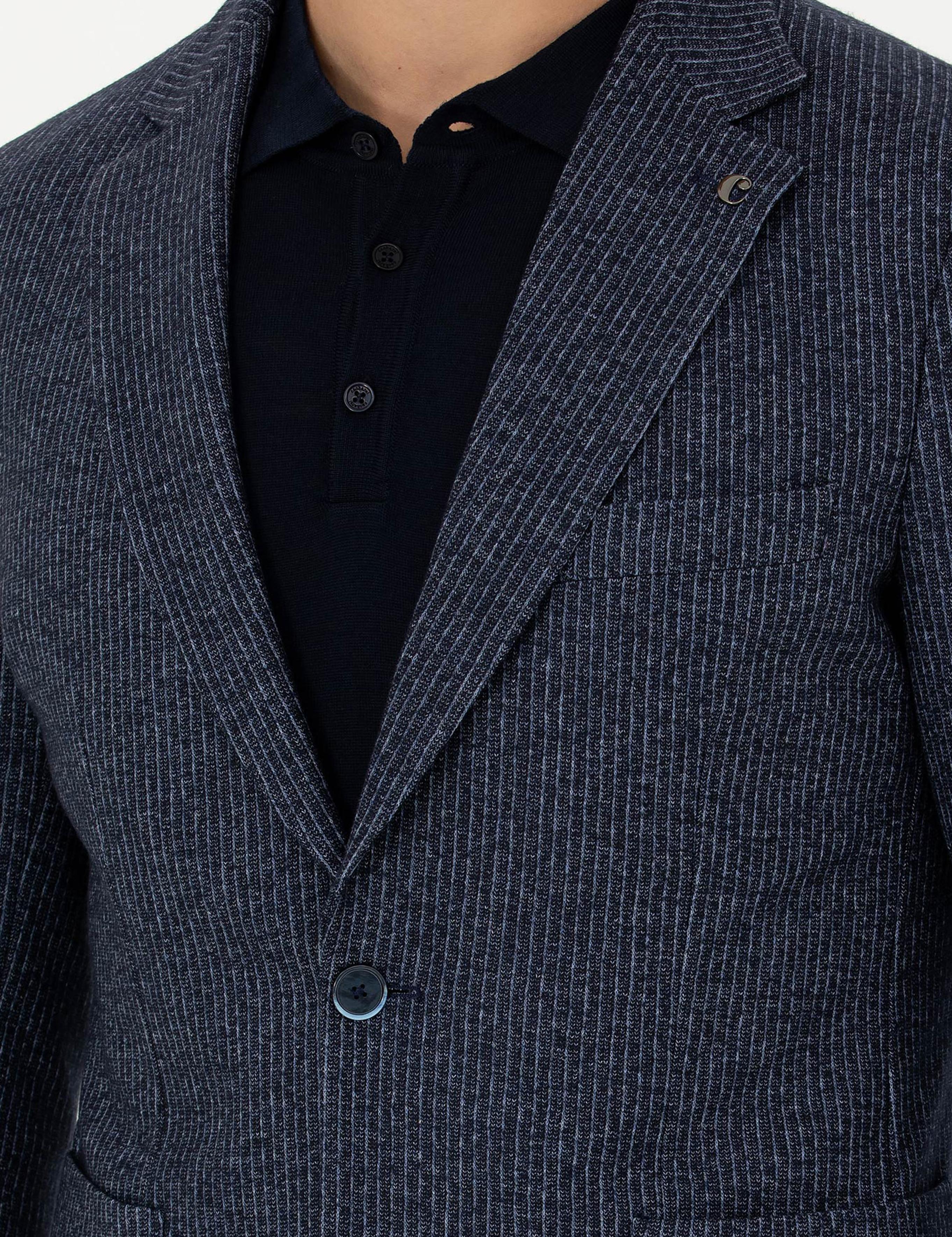 Lacivert Ekstra Slim Fit Yün Kaşmir Karışımlı Çizgili Ceket - 50272673008