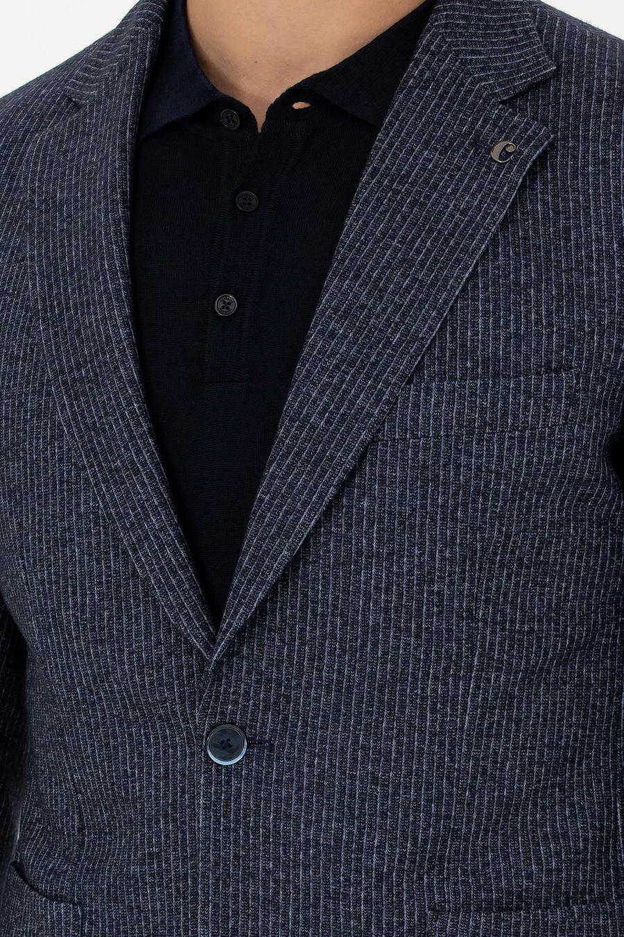 Lacivert Ekstra Slim Fit Yün Kaşmir Karışımlı Çizgili Ceket - 50272673008