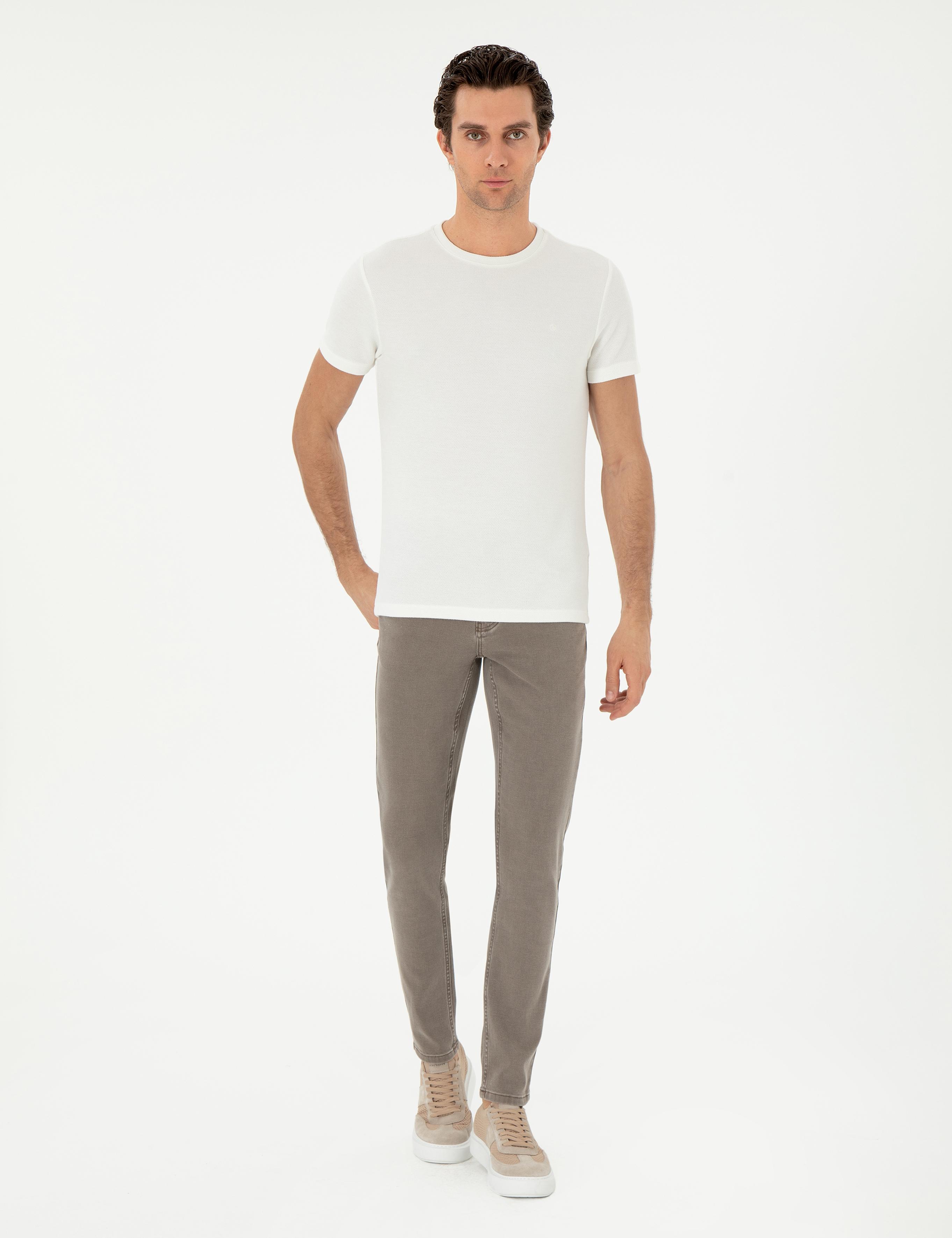 Beyaz Slim Fit Bisiklet Yaka Dokulu T-shirt - 50305097004