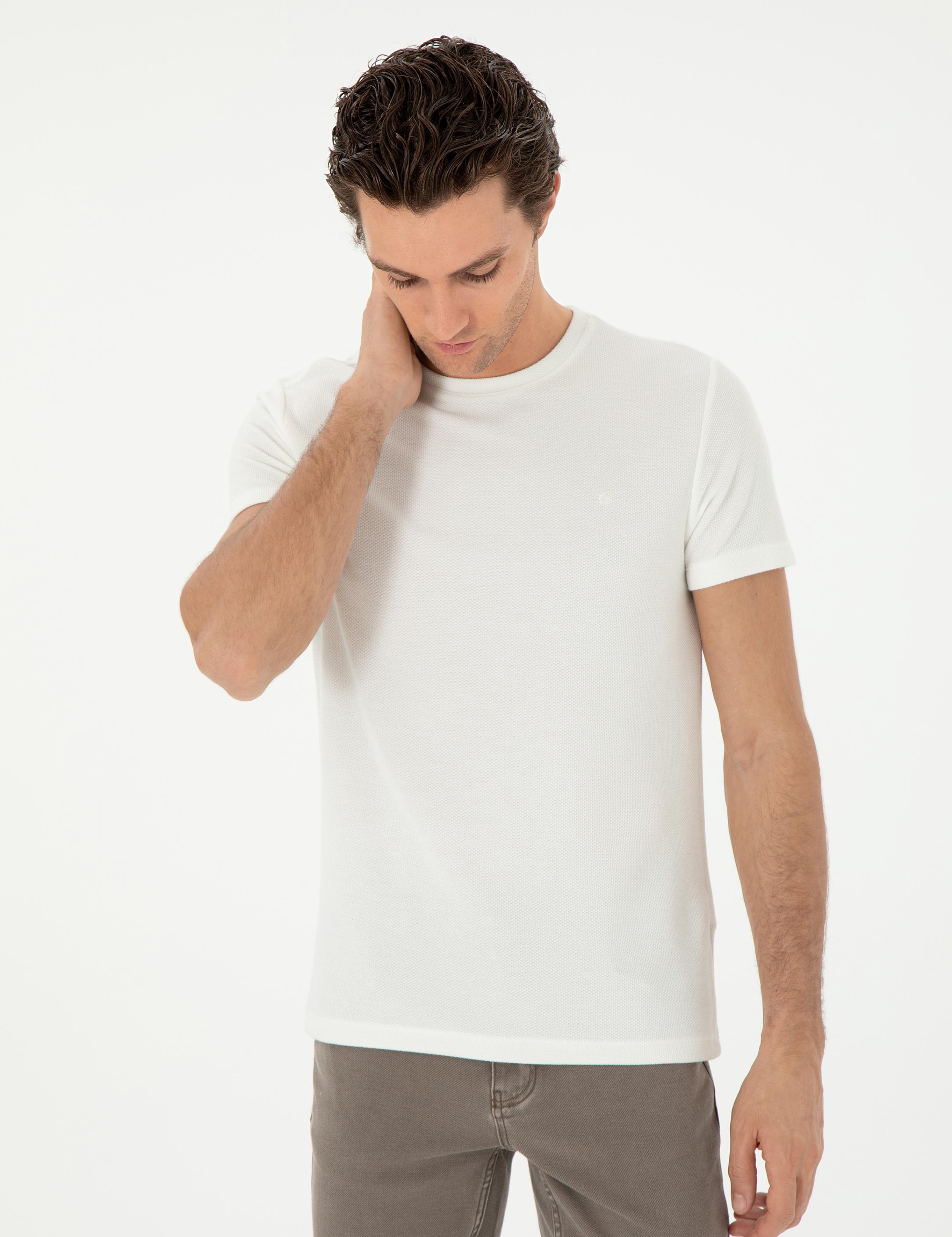 Beyaz Slim Fit Bisiklet Yaka Dokulu T-shirt - 50305097004