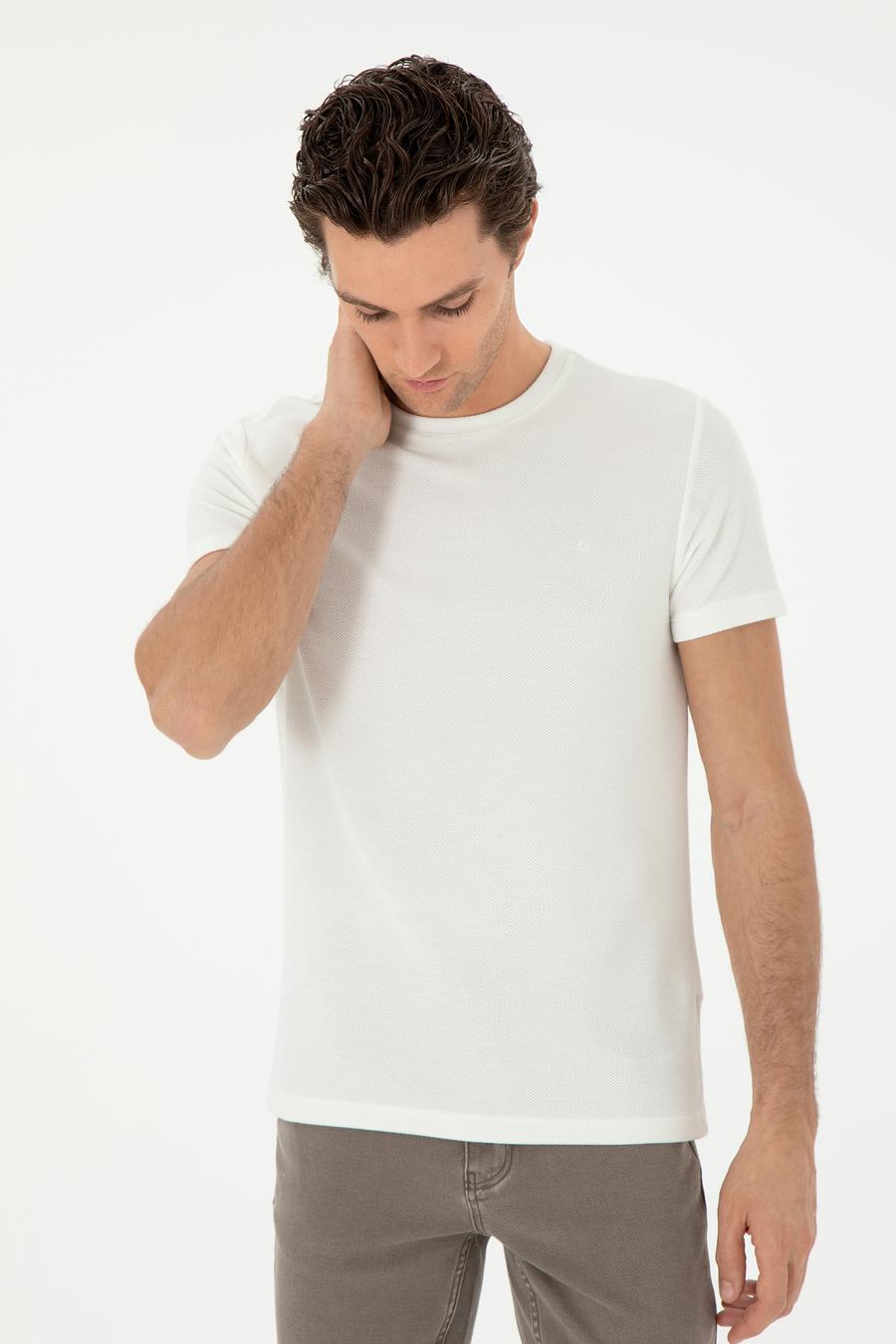 Beyaz Slim Fit Bisiklet Yaka Dokulu T-shirt - 50305097004