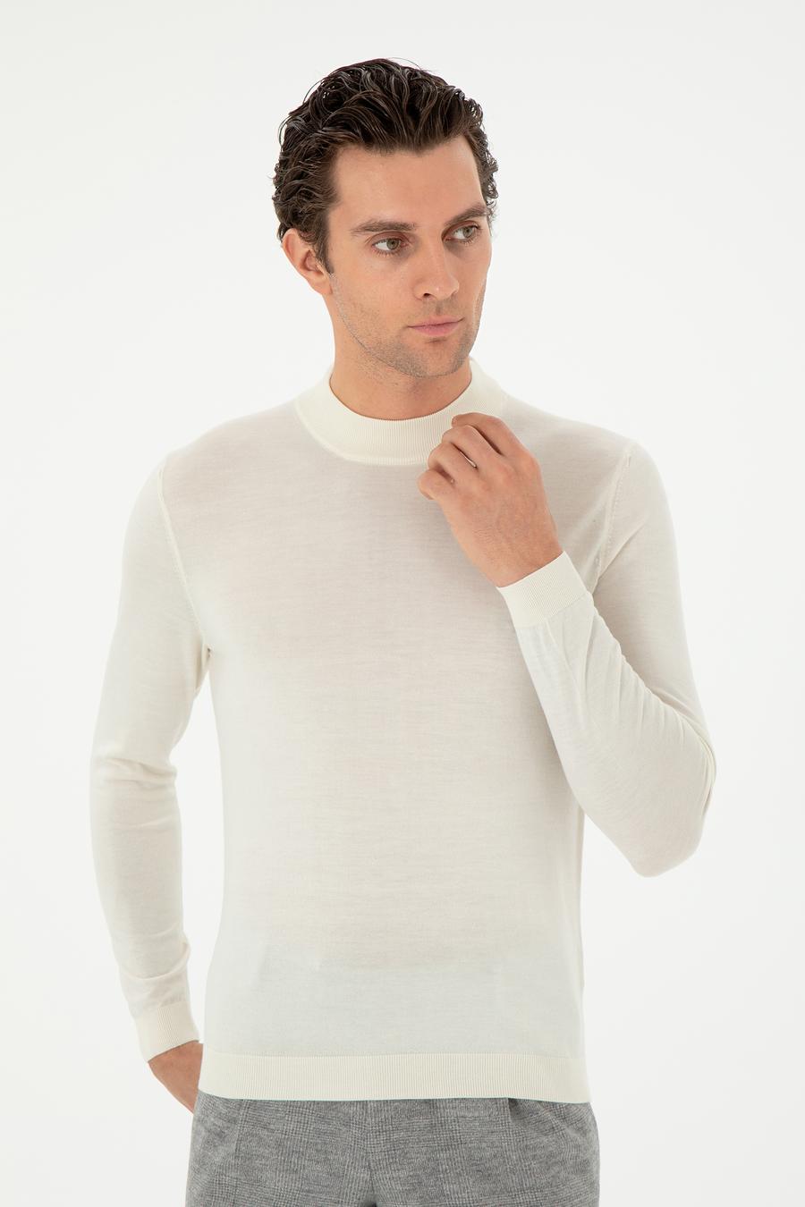 Ekru Slim Fit Kaşmir İpek Karışımlı Çeyrek Balıkçı Yaka Triko Kazak - 50296503044