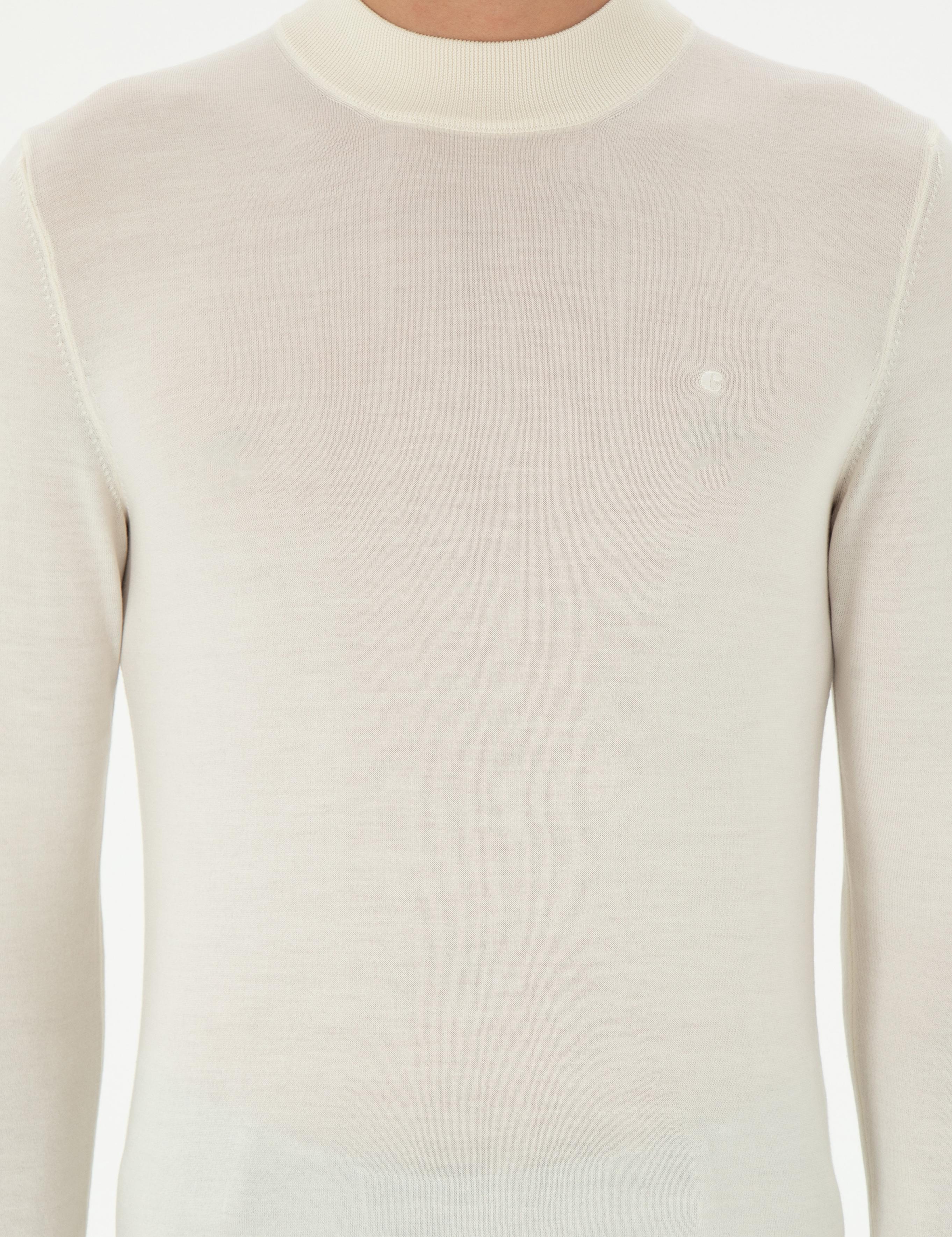 Ekru Slim Fit Kaşmir İpek Karışımlı Çeyrek Balıkçı Yaka Triko Kazak - 50296503044