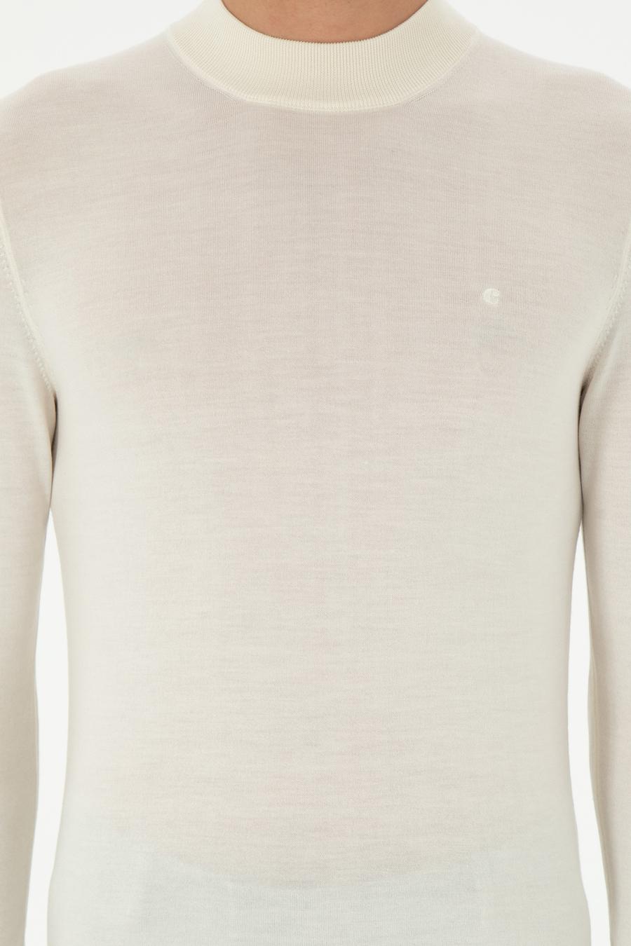 Ekru Slim Fit Kaşmir İpek Karışımlı Çeyrek Balıkçı Yaka Triko Kazak - 50296503044