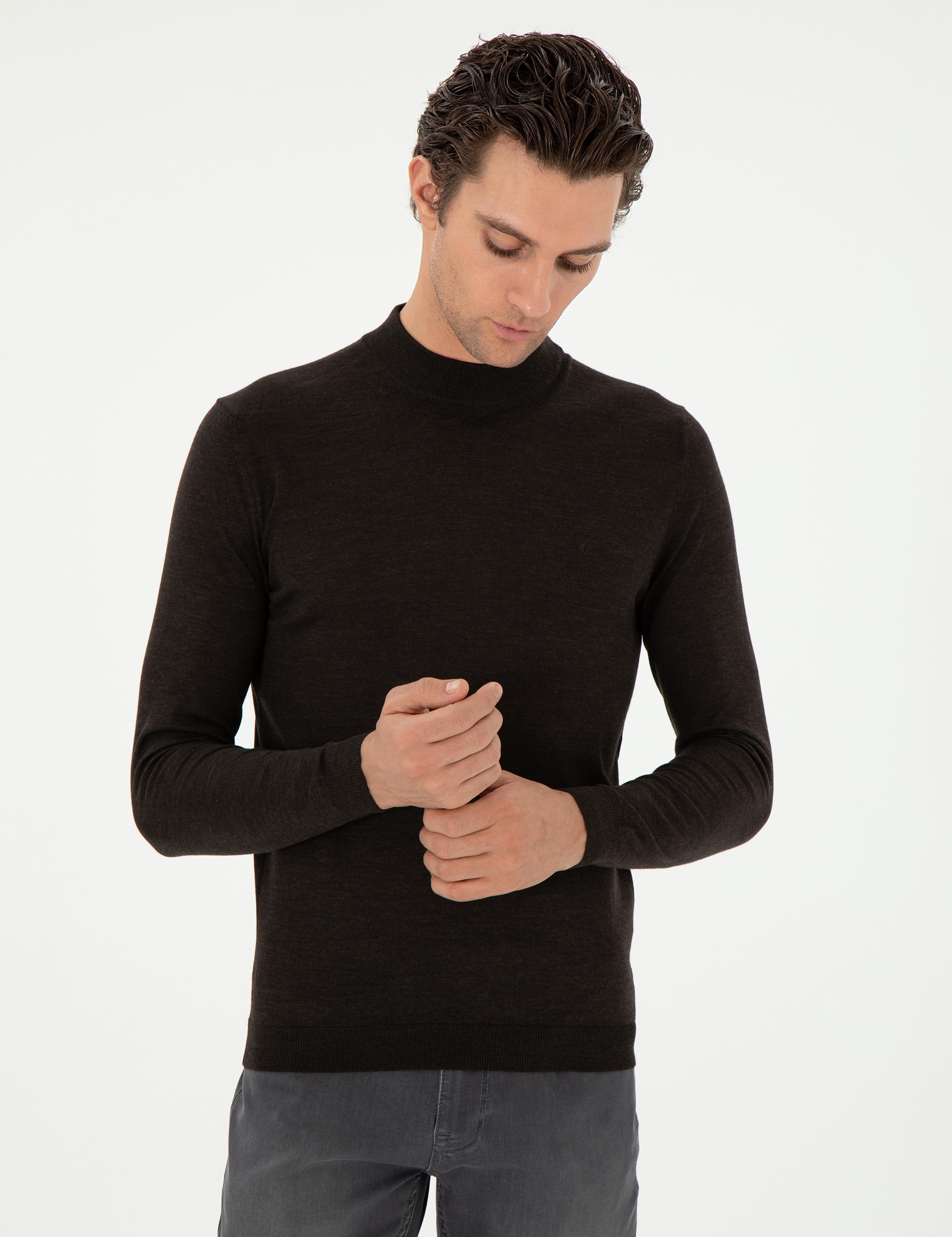 Koyu Yeşil Slim Fit Kaşmir İpek Karışımlı Çeyrek Balıkçı Yaka Triko Kazak - 50296503027