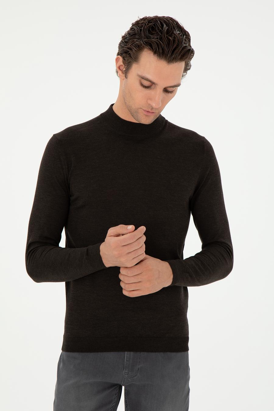 Koyu Yeşil Slim Fit Kaşmir İpek Karışımlı Çeyrek Balıkçı Yaka Triko Kazak - 50296503027