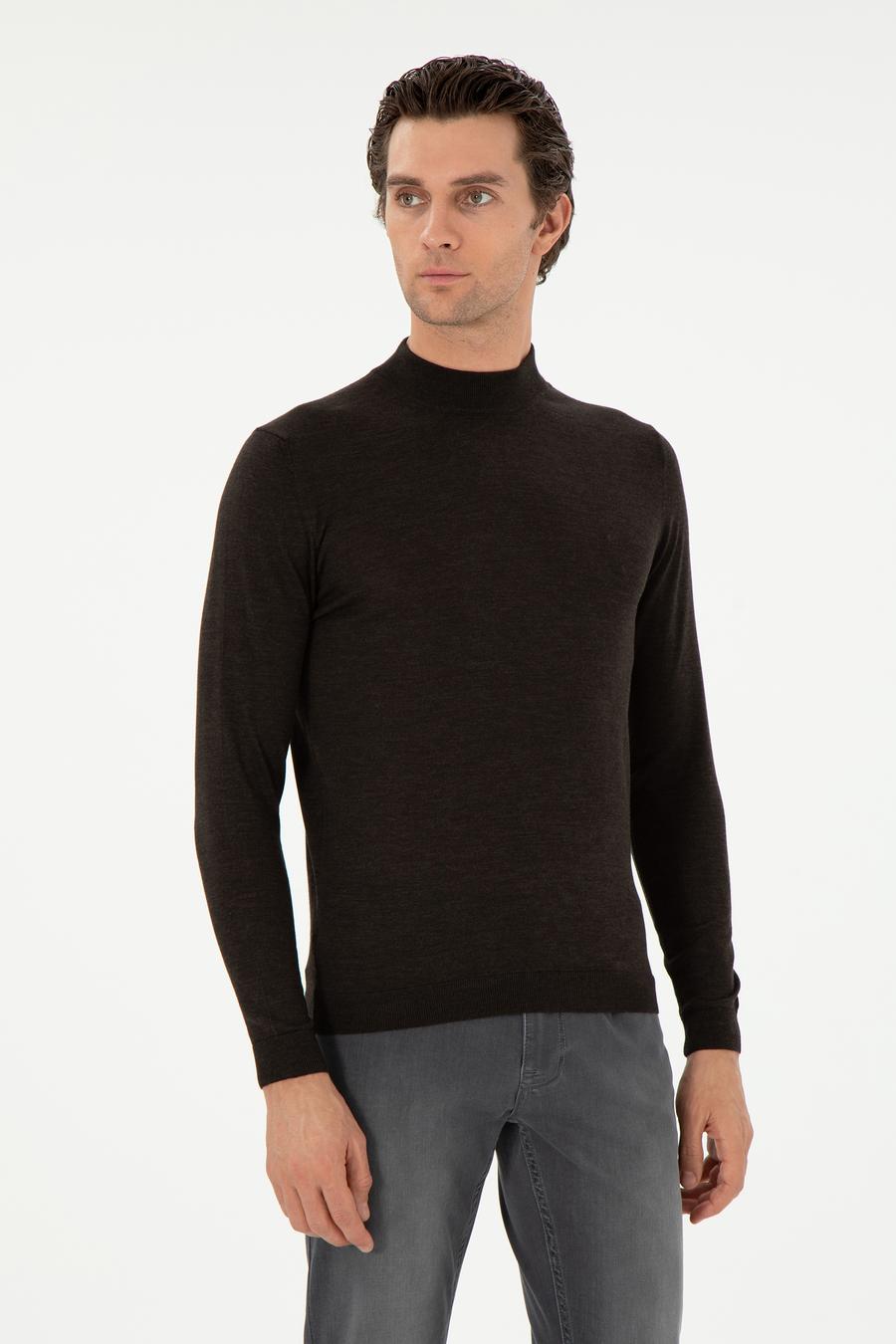 Koyu Yeşil Slim Fit Kaşmir İpek Karışımlı Çeyrek Balıkçı Yaka Triko Kazak - 50296503027