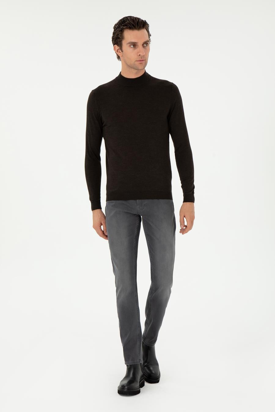 Koyu Yeşil Slim Fit Kaşmir İpek Karışımlı Çeyrek Balıkçı Yaka Triko Kazak - 50296503027