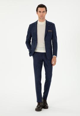 Lacivert Slim Fit %100 Yün Ekose Takım Elbise