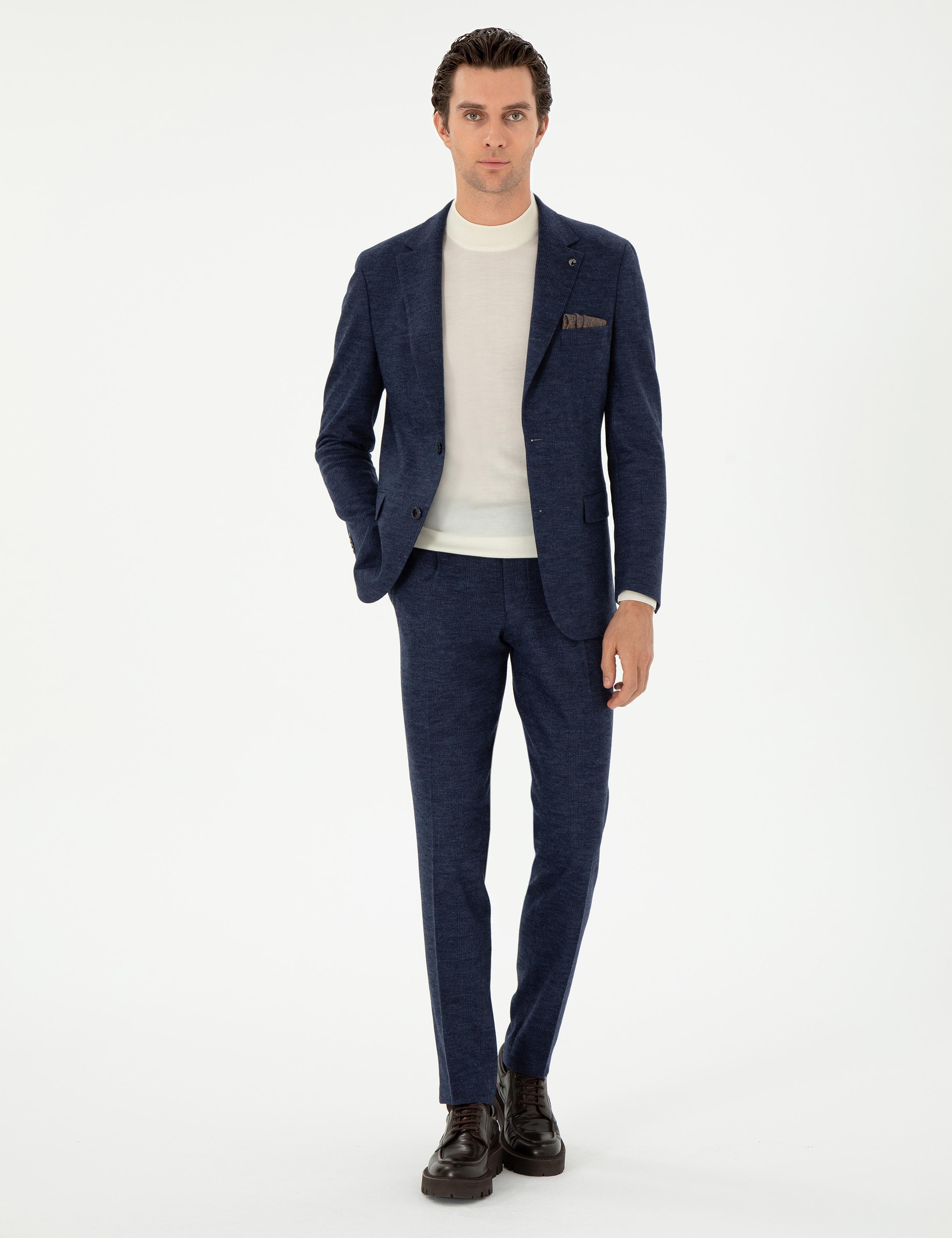 Lacivert Slim Fit %100 Yün Ekose Takım Elbise - 50290899008