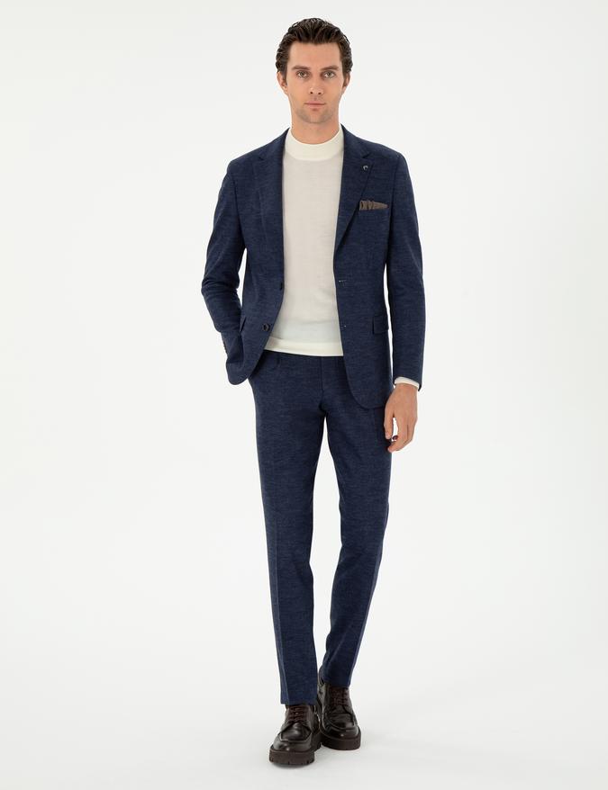 Lacivert Slim Fit %100 Yün Ekose Takım Elbise