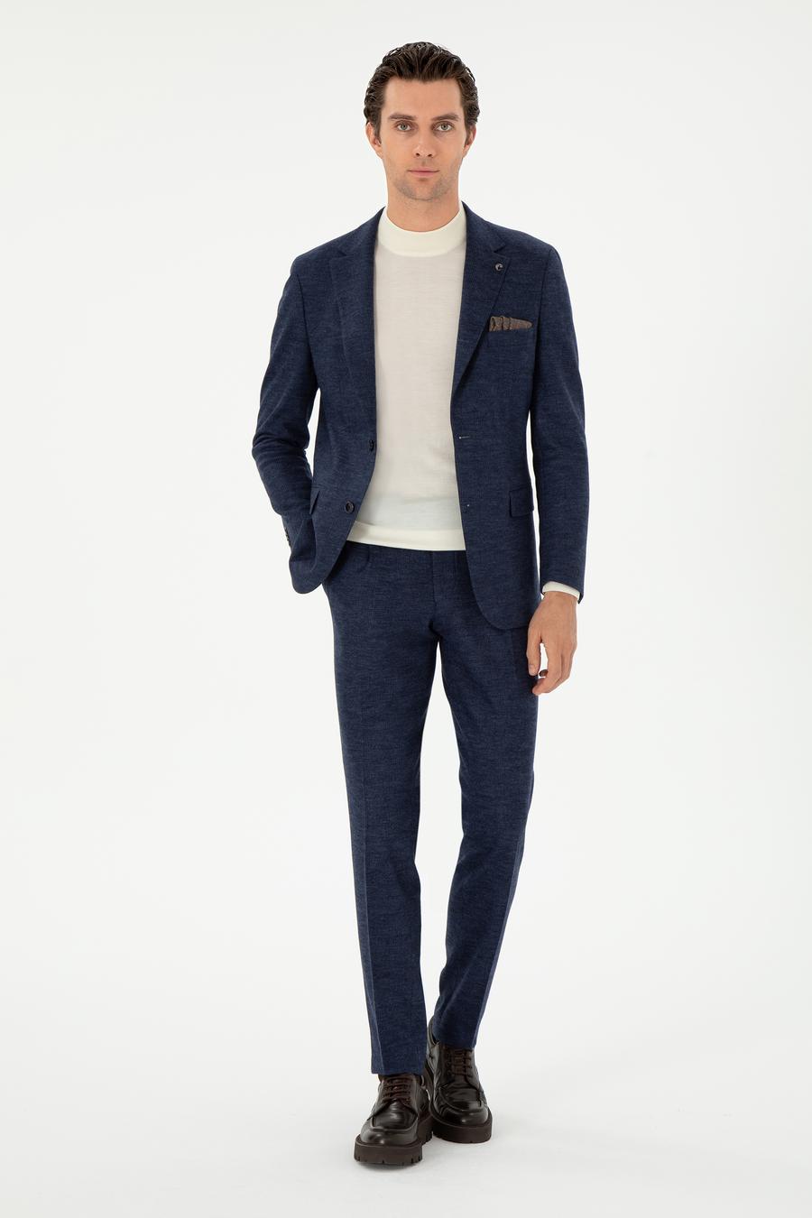 Lacivert Slim Fit %100 Yün Ekose Takım Elbise - 50290899008