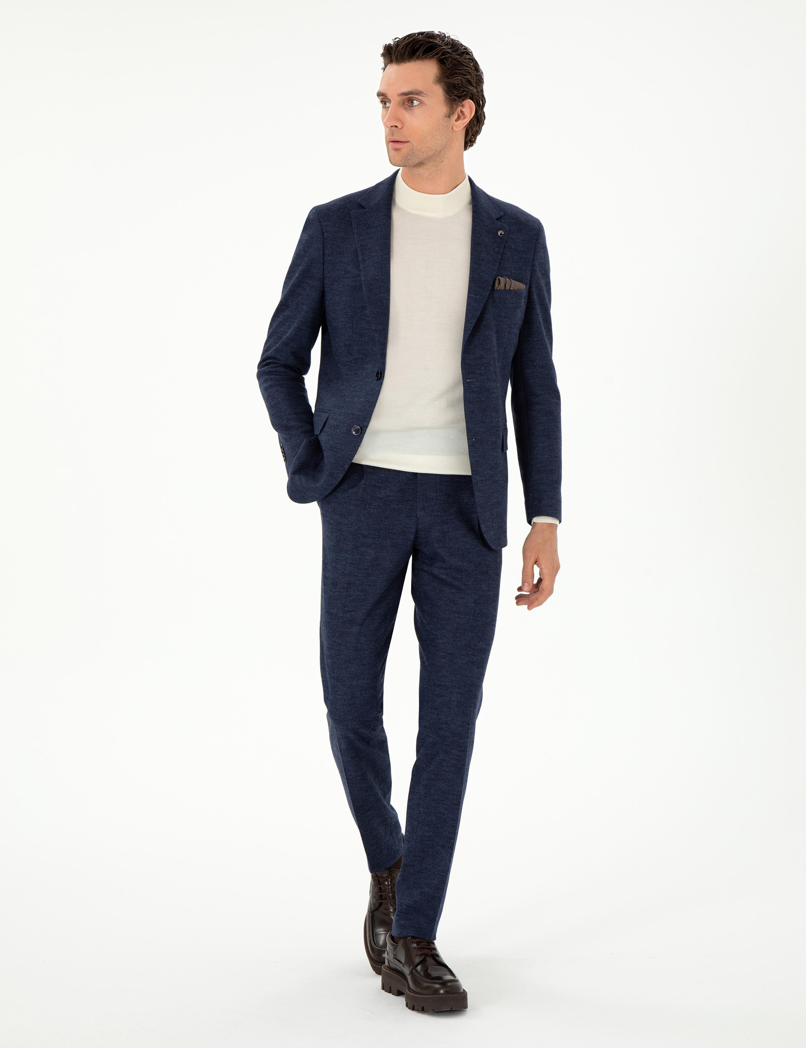 Lacivert Slim Fit %100 Yün Ekose Takım Elbise - 50290899008