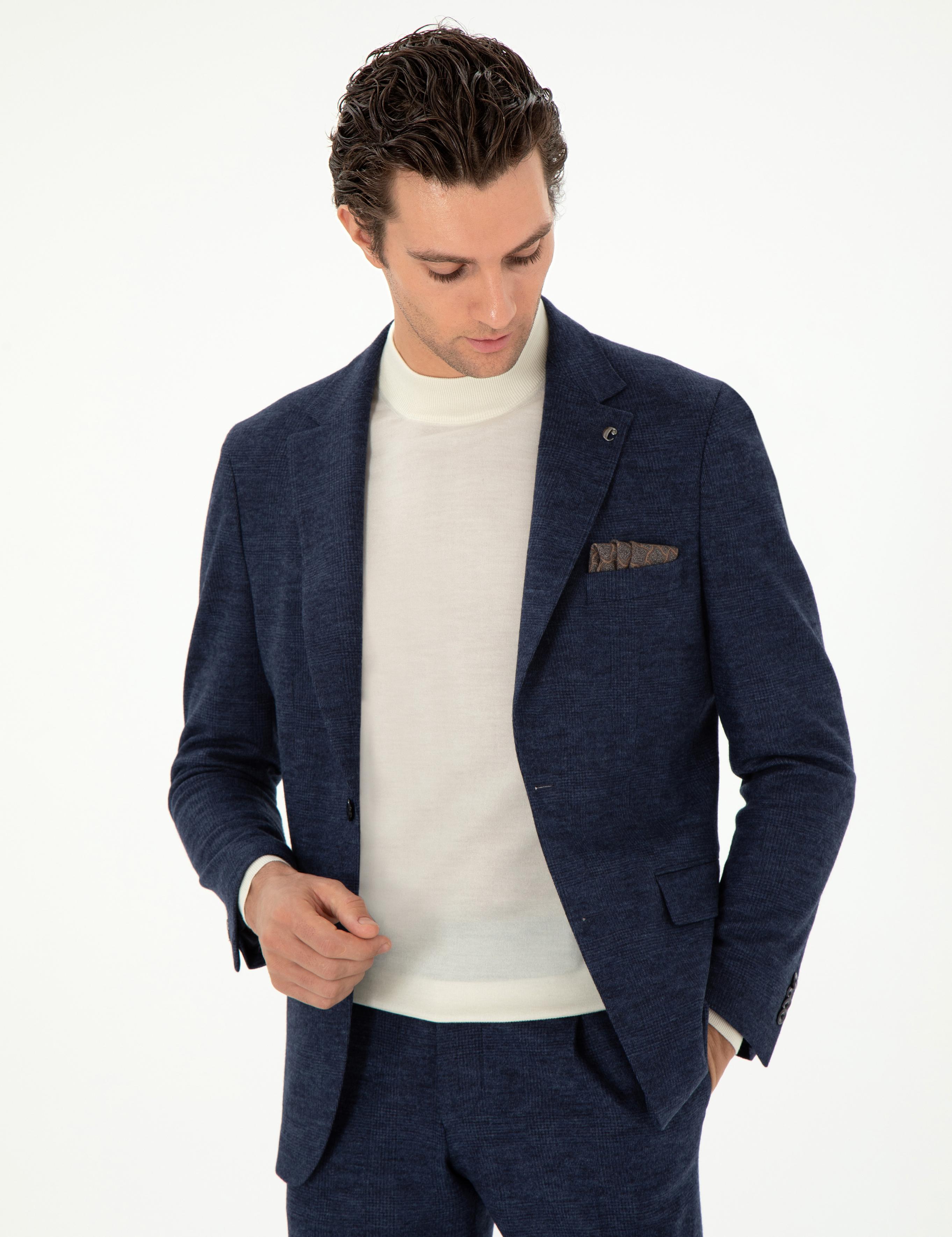 Lacivert Slim Fit %100 Yün Ekose Takım Elbise - 50290899008
