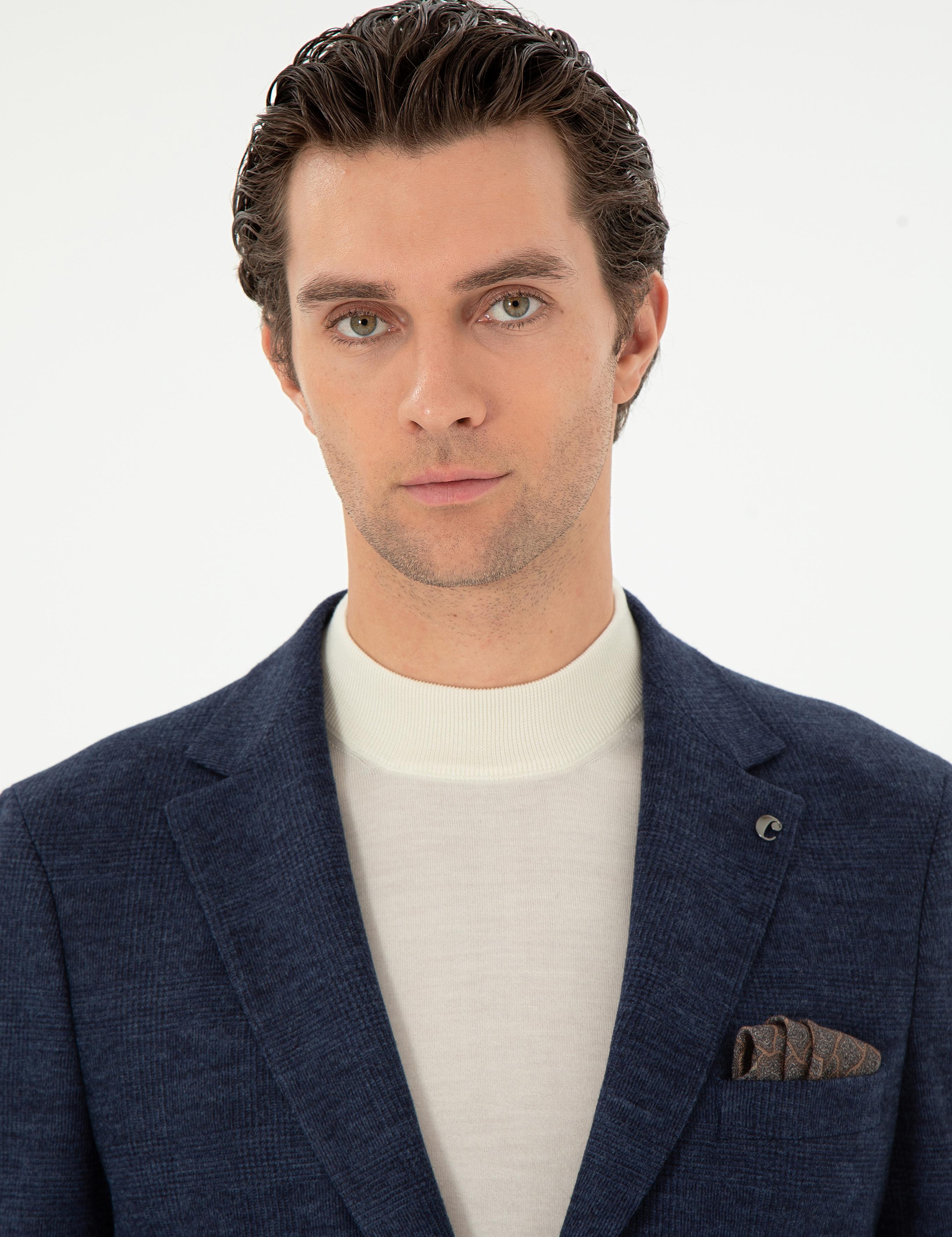 Lacivert Slim Fit %100 Yün Ekose Takım Elbise - 50290899008