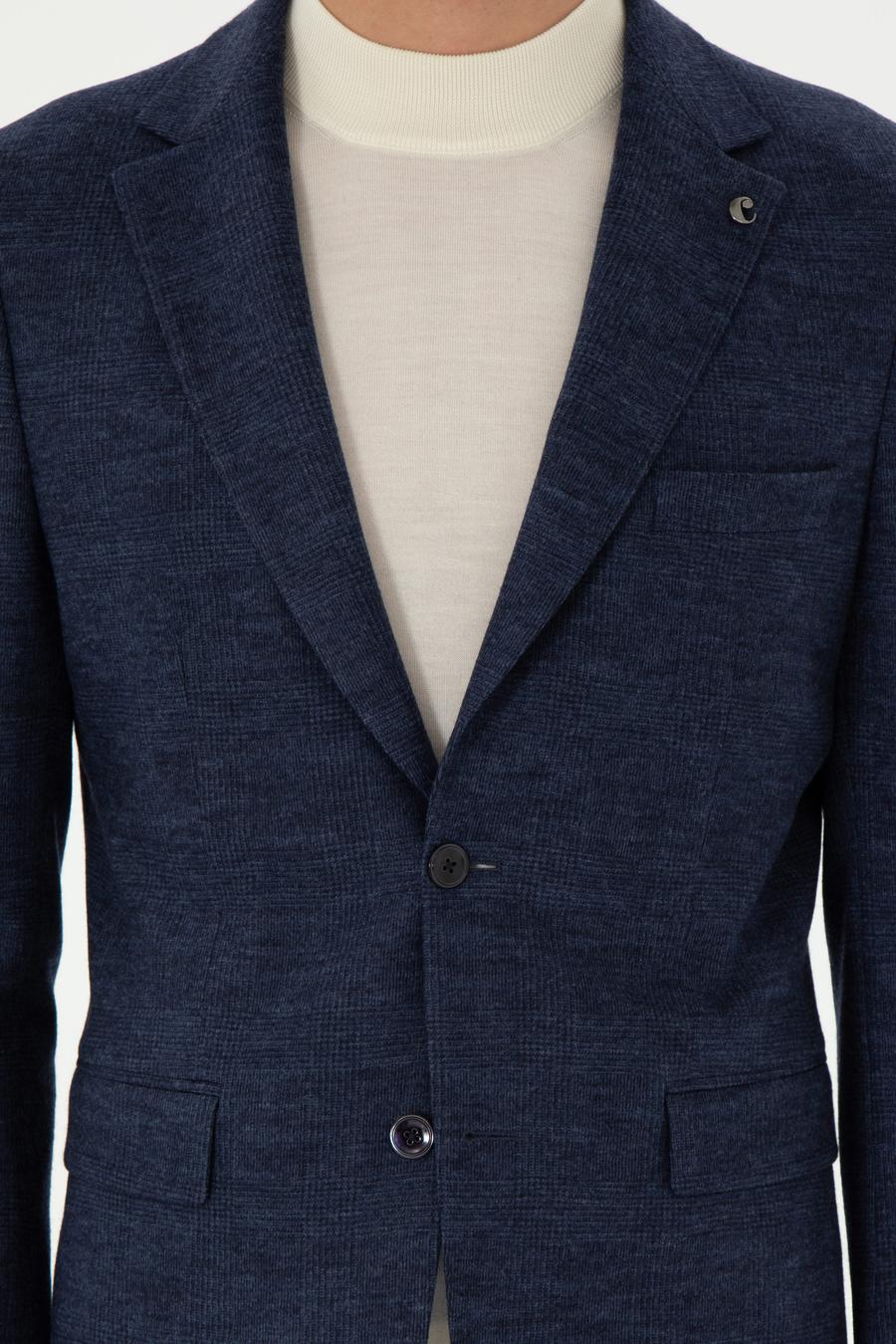 Lacivert Slim Fit %100 Yün Ekose Takım Elbise - 50290899008