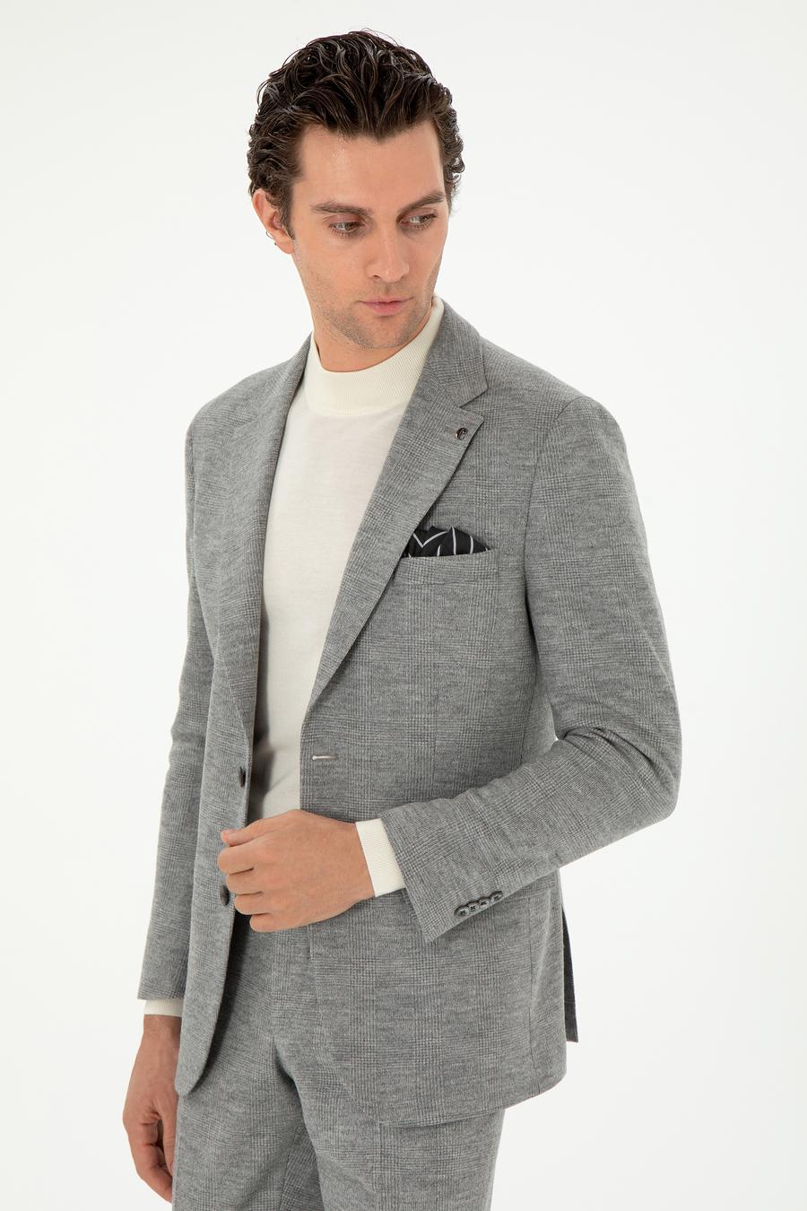 Açık Gri Slim Fit %100 Yün Ekose Takım Elbise - 50290899041