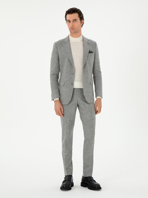 Açık Gri Slim Fit %100 Yün Ekose Takım Elbise