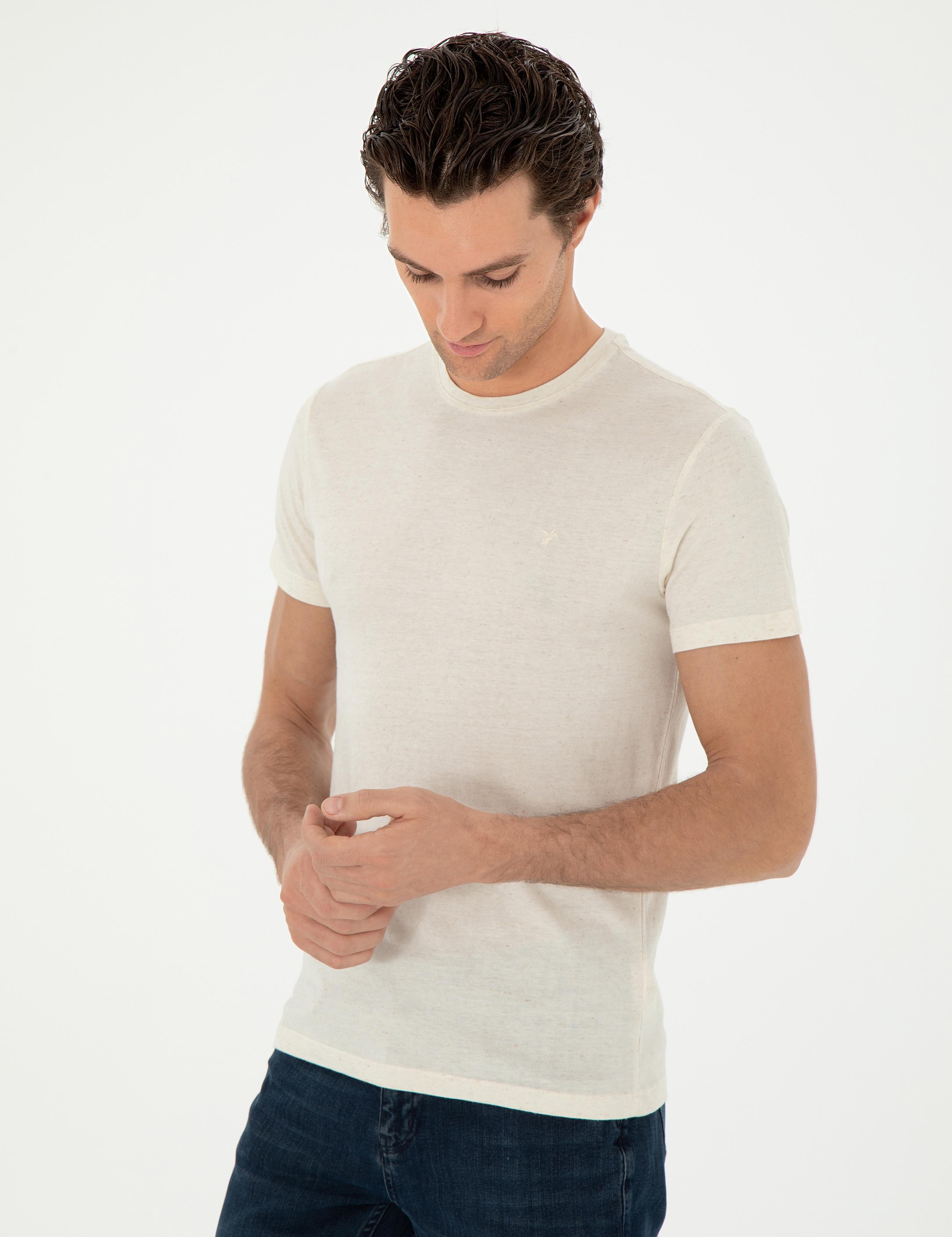 Ekru Slim Fit Keten Karışımlı Bisiklet Yaka T-shirt - 50306157007