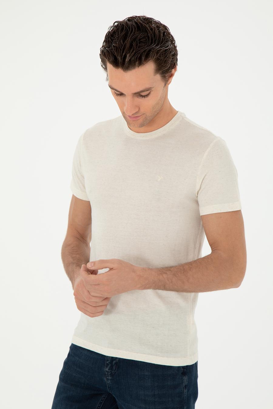 Ekru Slim Fit Keten Karışımlı Bisiklet Yaka T-shirt - 50306157007