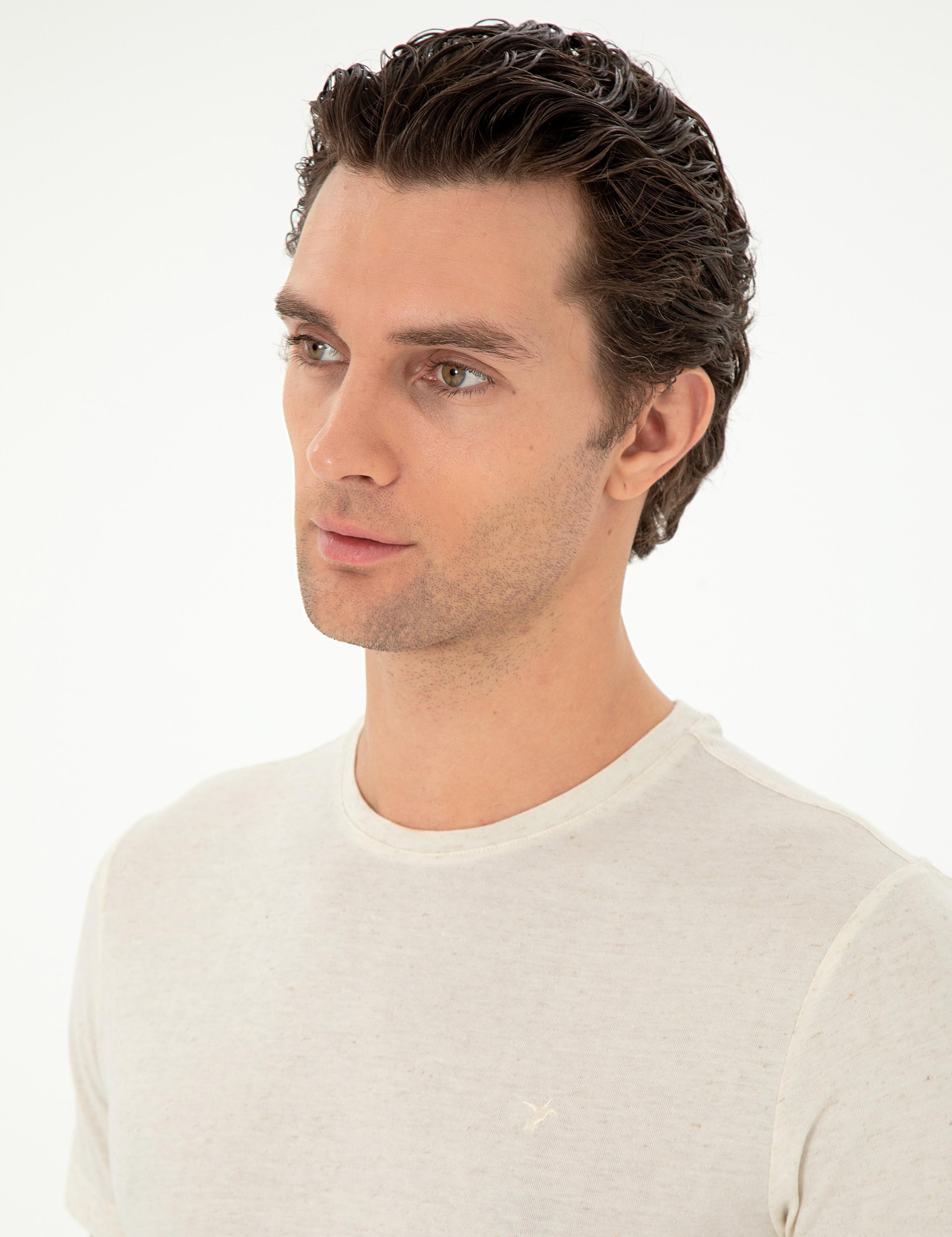 Ekru Slim Fit Keten Karışımlı Bisiklet Yaka T-shirt - 50306157007