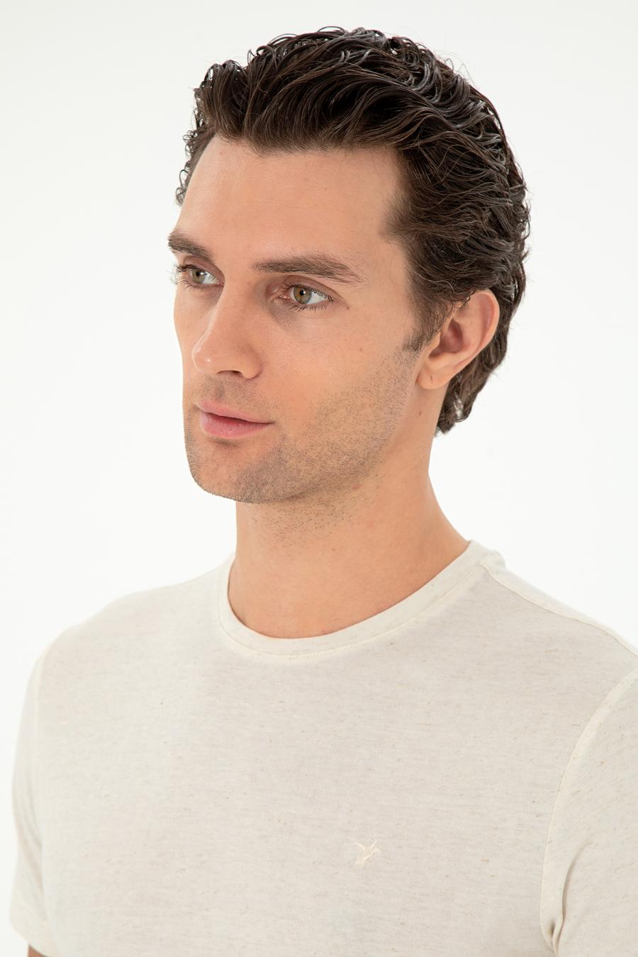 Ekru Slim Fit Keten Karışımlı Bisiklet Yaka T-shirt - 50306157007