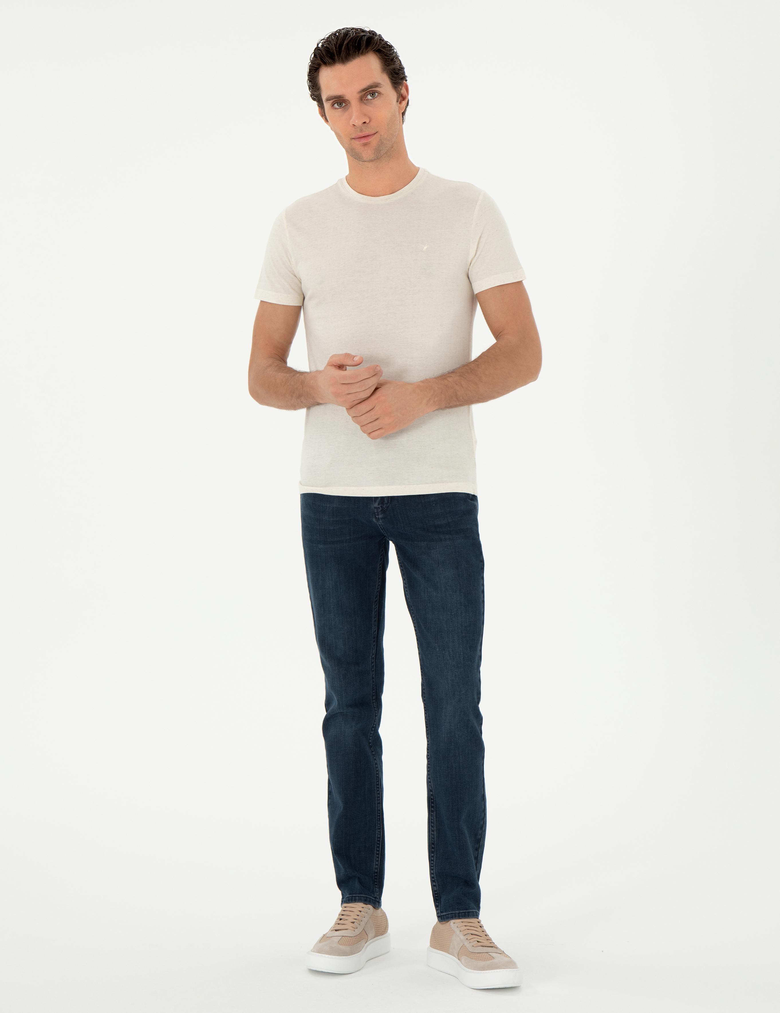 Ekru Slim Fit Keten Karışımlı Bisiklet Yaka T-shirt - 50306157007