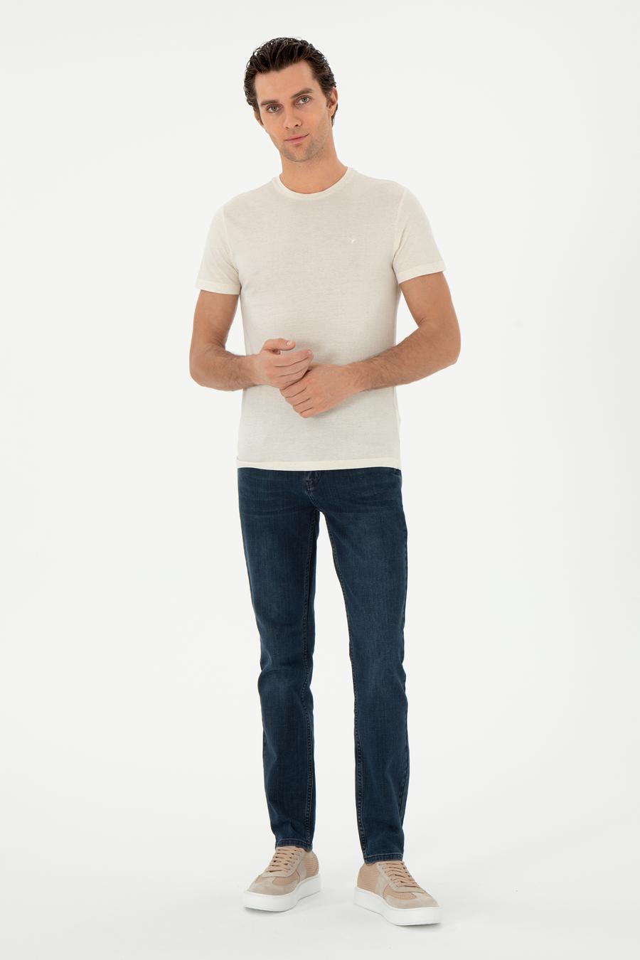 Ekru Slim Fit Keten Karışımlı Bisiklet Yaka T-shirt - 50306157007