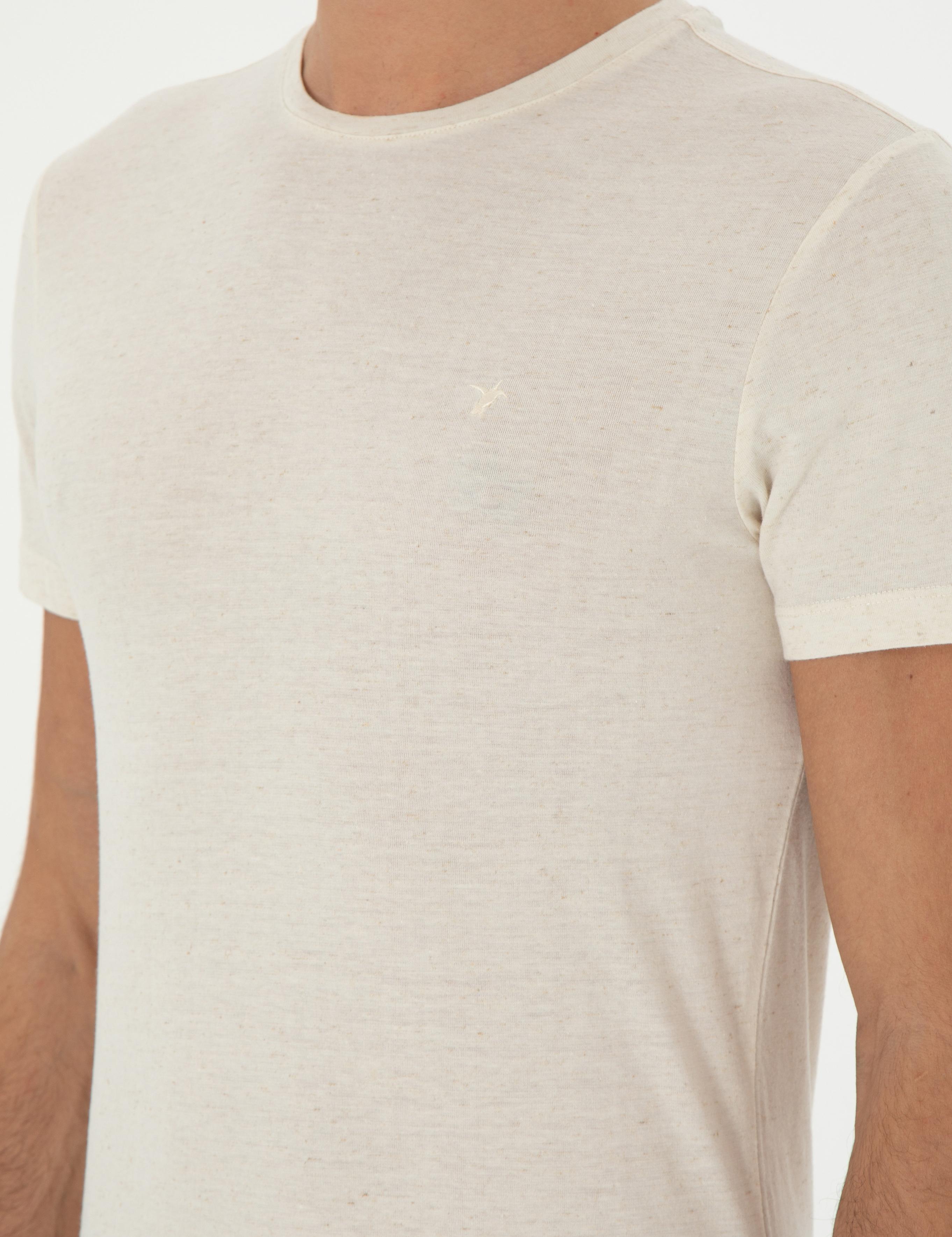 Ekru Slim Fit Keten Karışımlı Bisiklet Yaka T-shirt - 50306157007