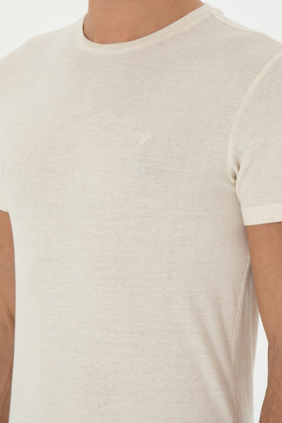 Ekru Slim Fit Keten Karışımlı Bisiklet Yaka T-shirt - 50306157007