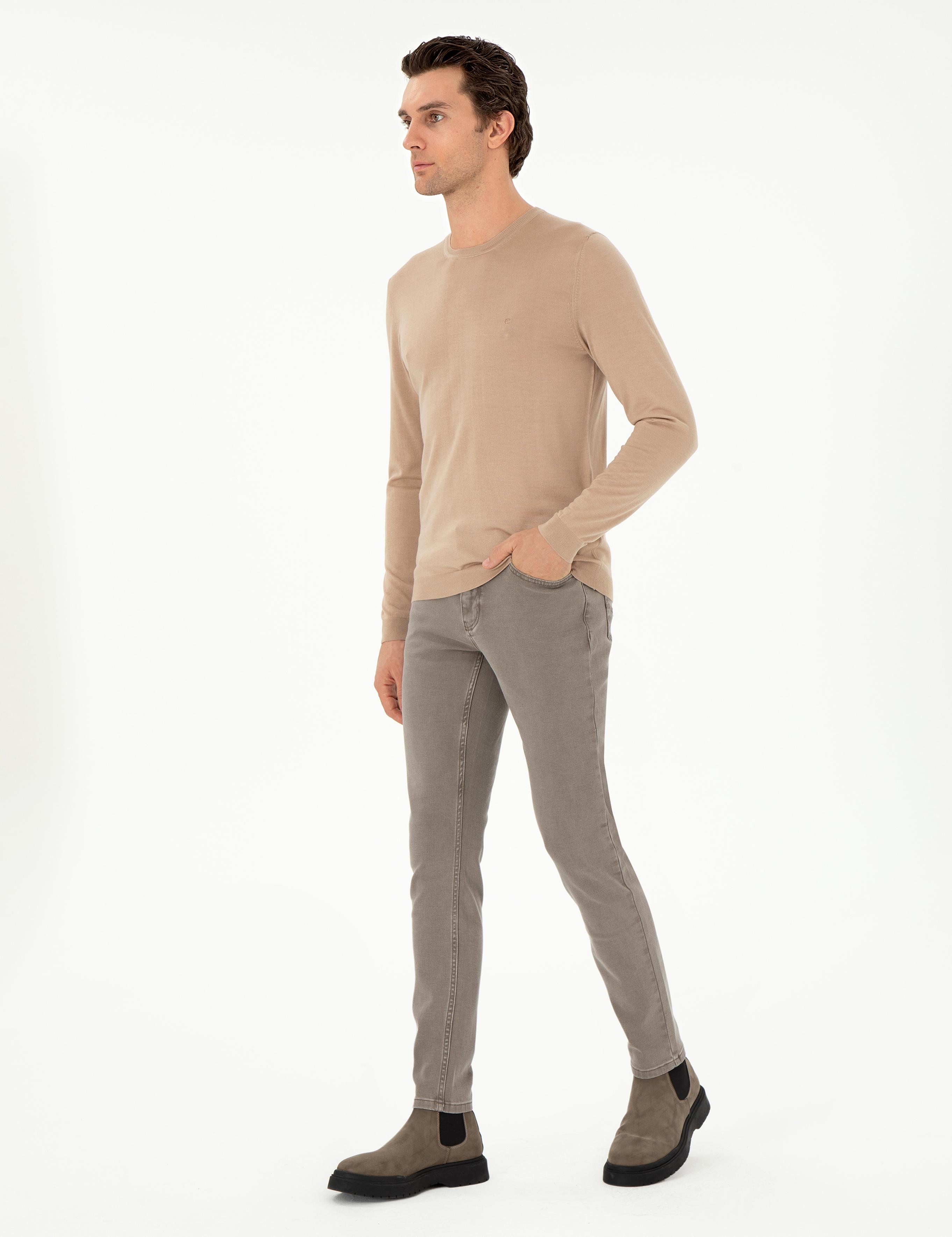 Bej Slim Fit Kaşmir İpek Karışımlı Bisiklet Yaka Triko Kazak - 50293273038