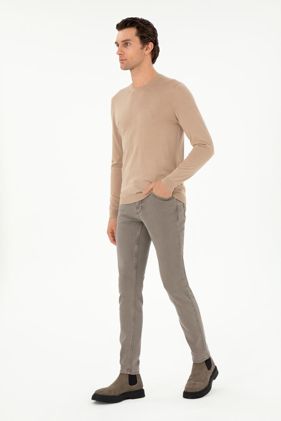 Bej Slim Fit Kaşmir İpek Karışımlı Bisiklet Yaka Triko Kazak - 50293273038