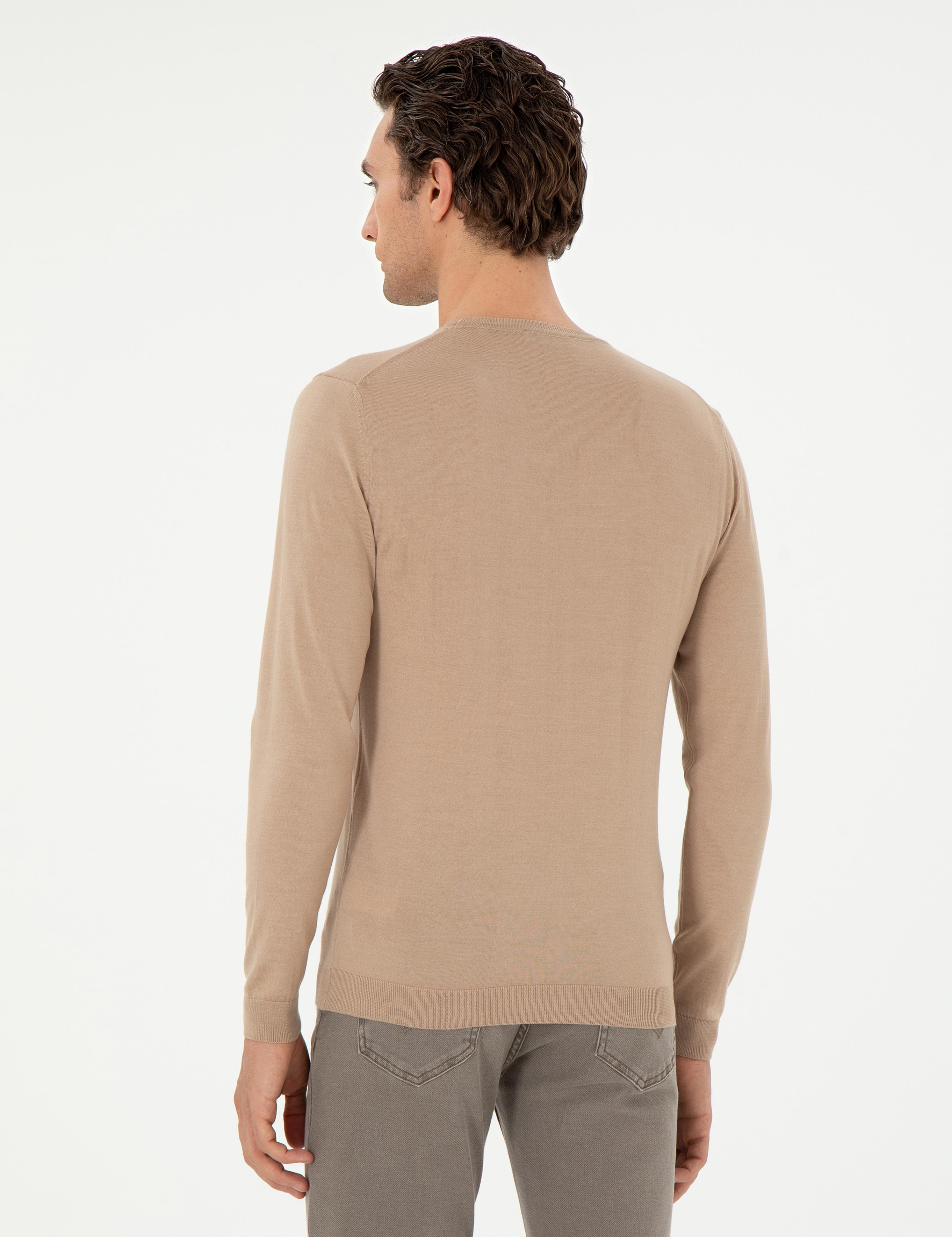 Bej Slim Fit Kaşmir İpek Karışımlı Bisiklet Yaka Triko Kazak - 50293273038