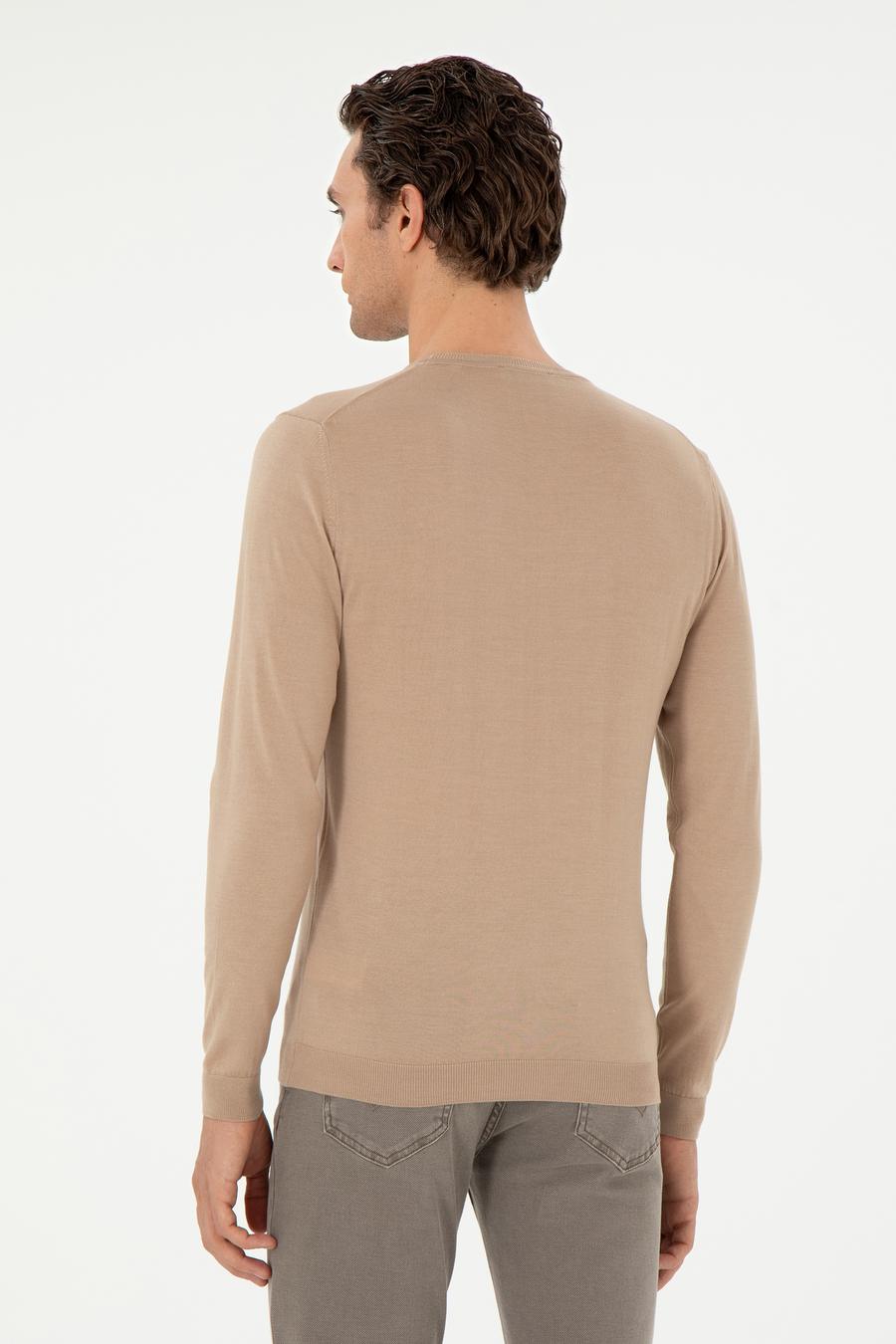 Bej Slim Fit Kaşmir İpek Karışımlı Bisiklet Yaka Triko Kazak - 50293273038