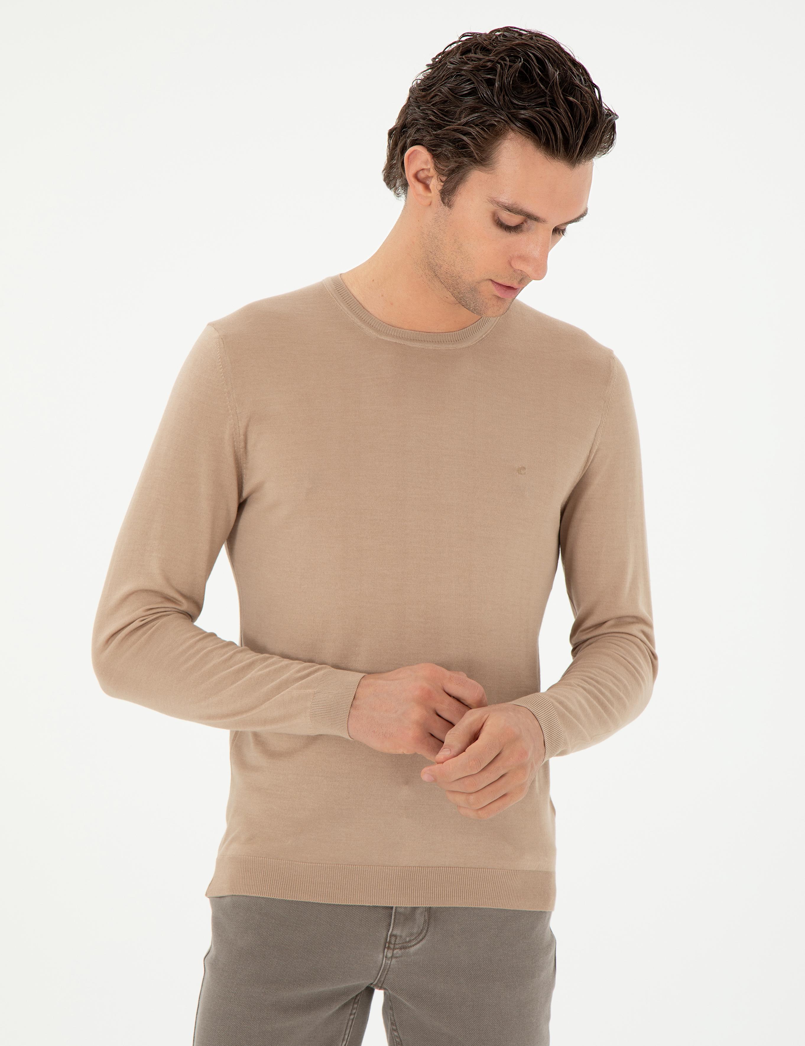 Bej Slim Fit Kaşmir İpek Karışımlı Bisiklet Yaka Triko Kazak - 50293273038