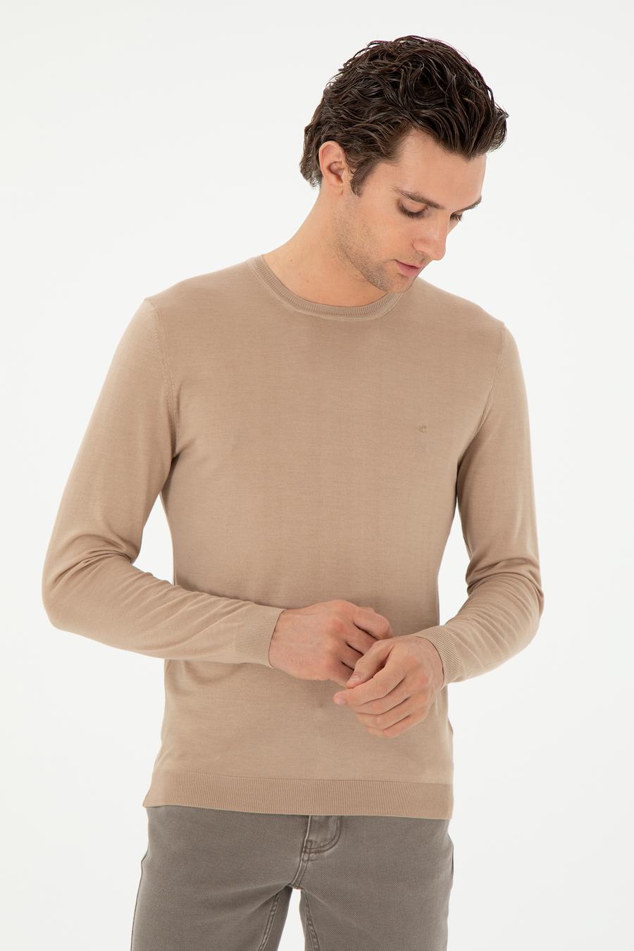 Bej Slim Fit Kaşmir İpek Karışımlı Bisiklet Yaka Triko Kazak - 50293273038