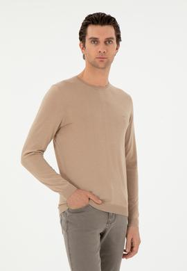 Bej Slim Fit Kaşmir İpek Karışımlı Bisiklet Yaka Triko Kazak