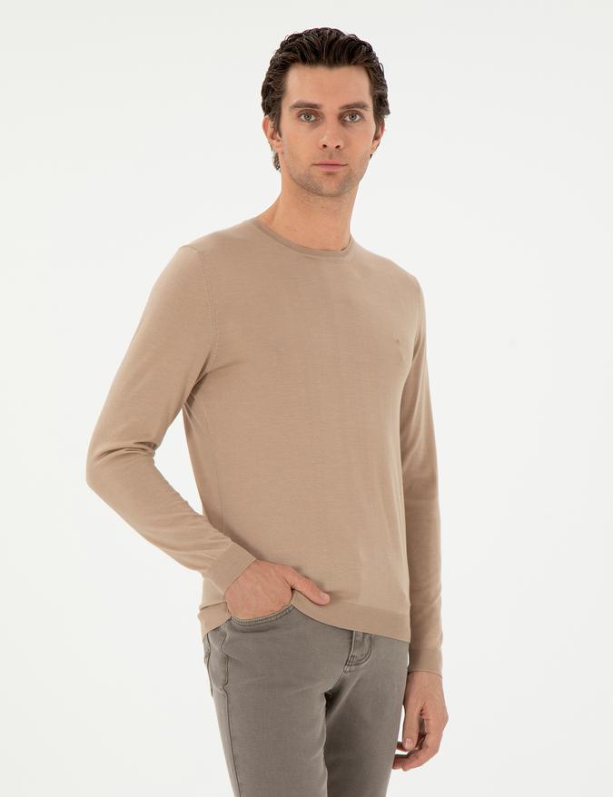 Bej Slim Fit Kaşmir İpek Karışımlı Bisiklet Yaka Triko Kazak
