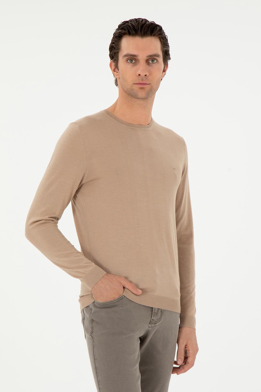Bej Slim Fit Kaşmir İpek Karışımlı Bisiklet Yaka Triko Kazak - 50293273038