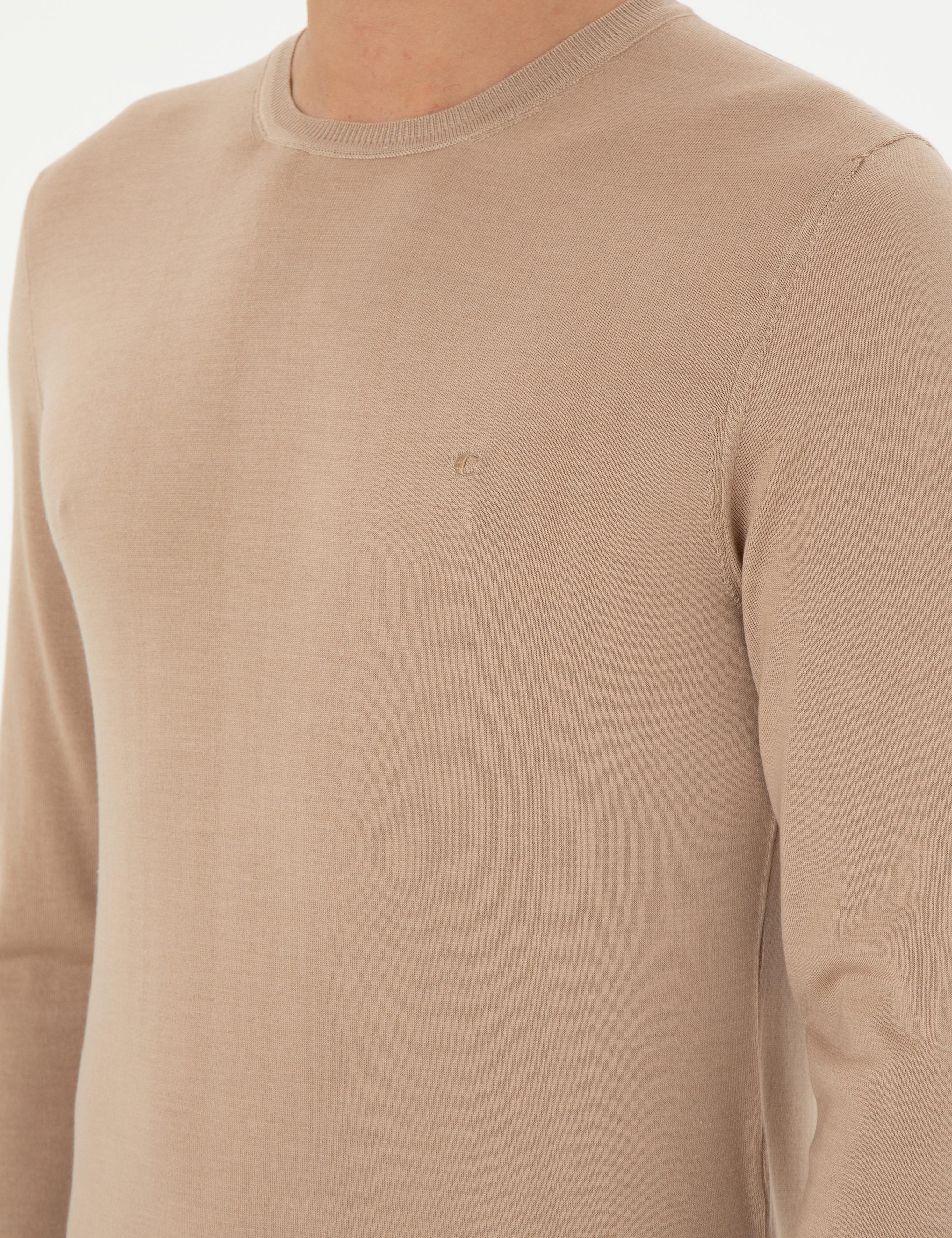 Bej Slim Fit Kaşmir İpek Karışımlı Bisiklet Yaka Triko Kazak - 50293273038