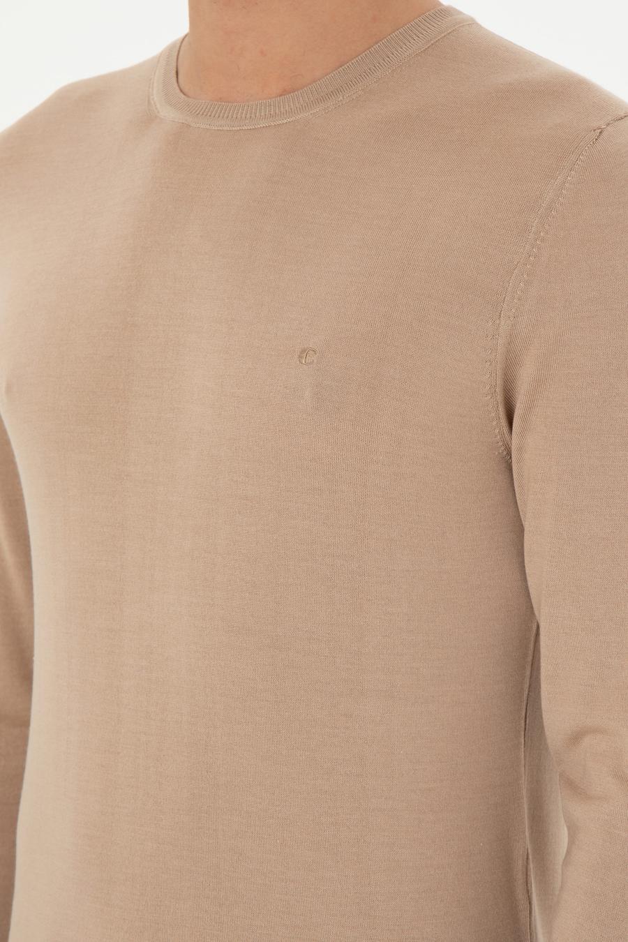 Bej Slim Fit Kaşmir İpek Karışımlı Bisiklet Yaka Triko Kazak - 50293273038