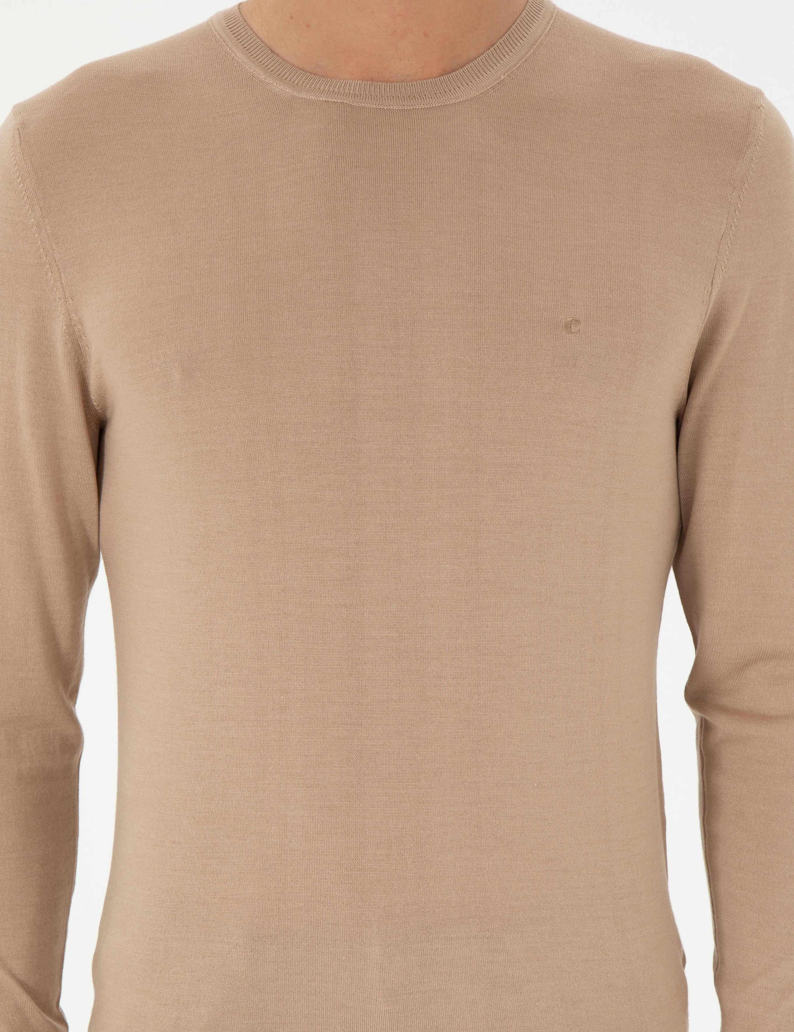 Bej Slim Fit Kaşmir İpek Karışımlı Bisiklet Yaka Triko Kazak - 50293273038