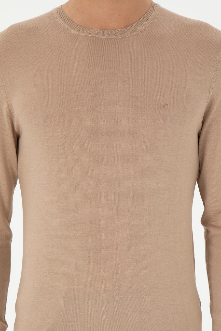 Bej Slim Fit Kaşmir İpek Karışımlı Bisiklet Yaka Triko Kazak - 50293273038